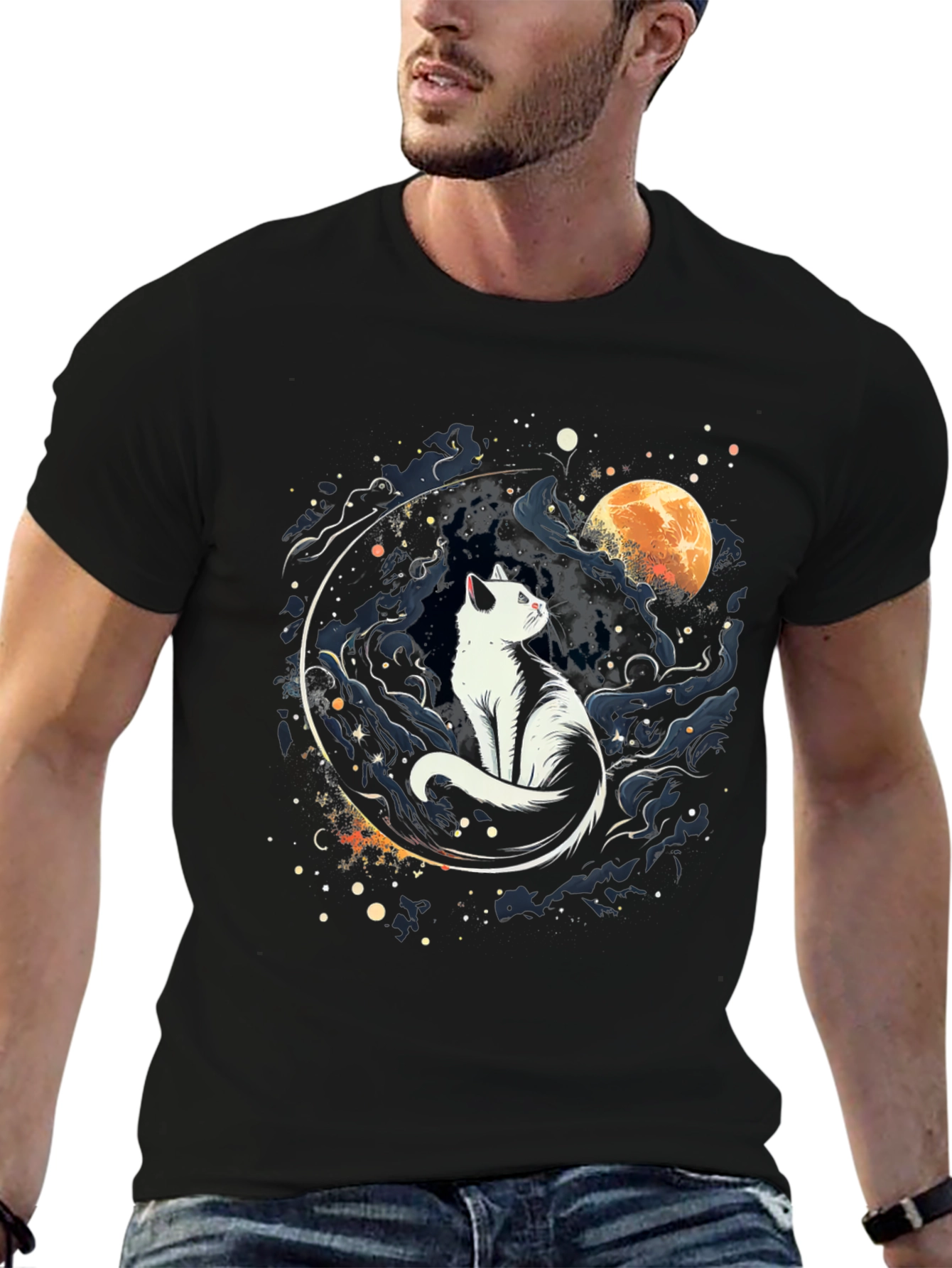 Cat Moon Graphic Black T-Shirt