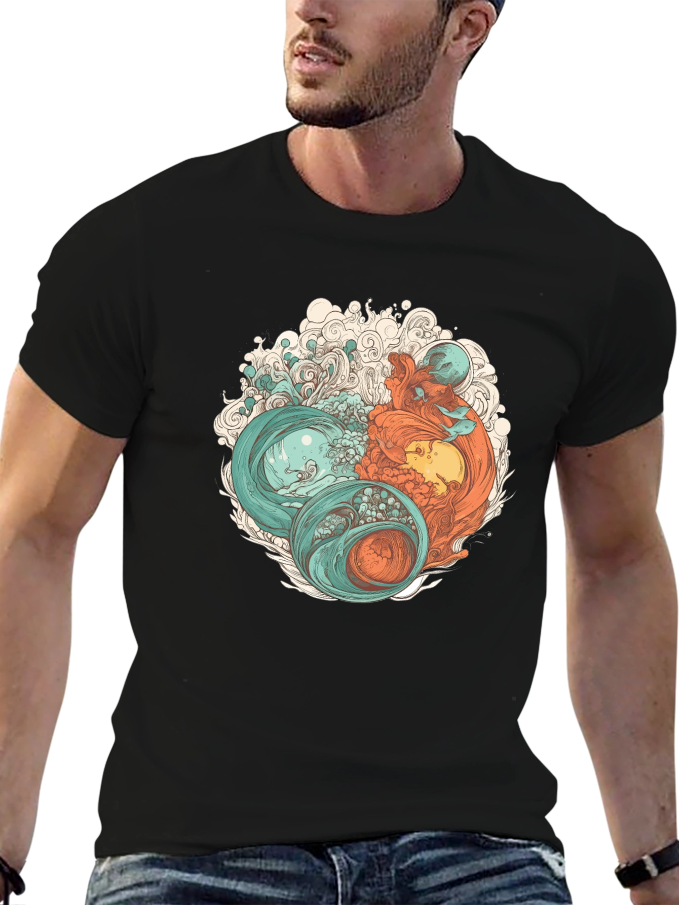Yin Yang Sea Graphic Tee - Soft Cotton Blend