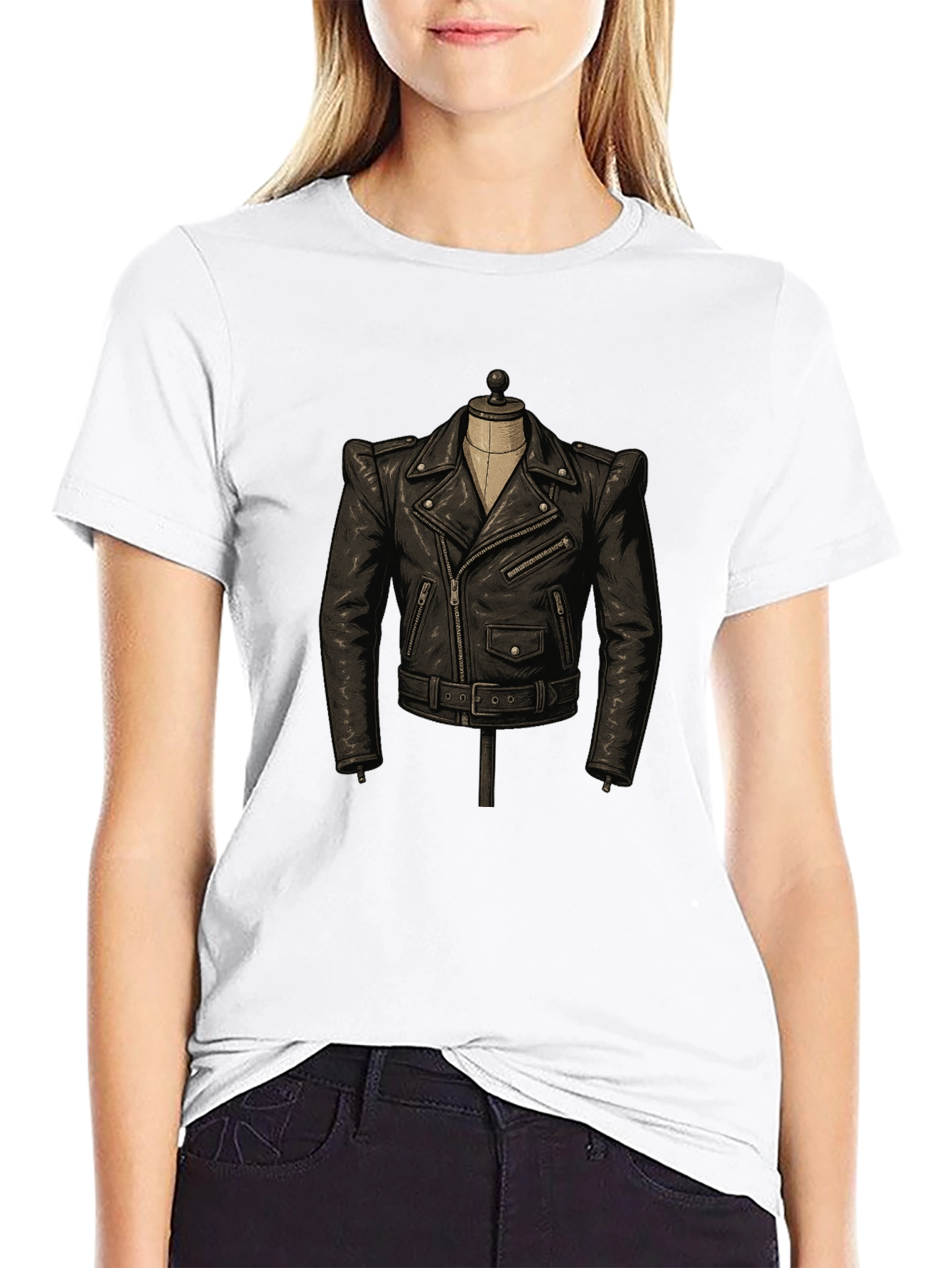 Black T-Shirt with Leather Jacket Design