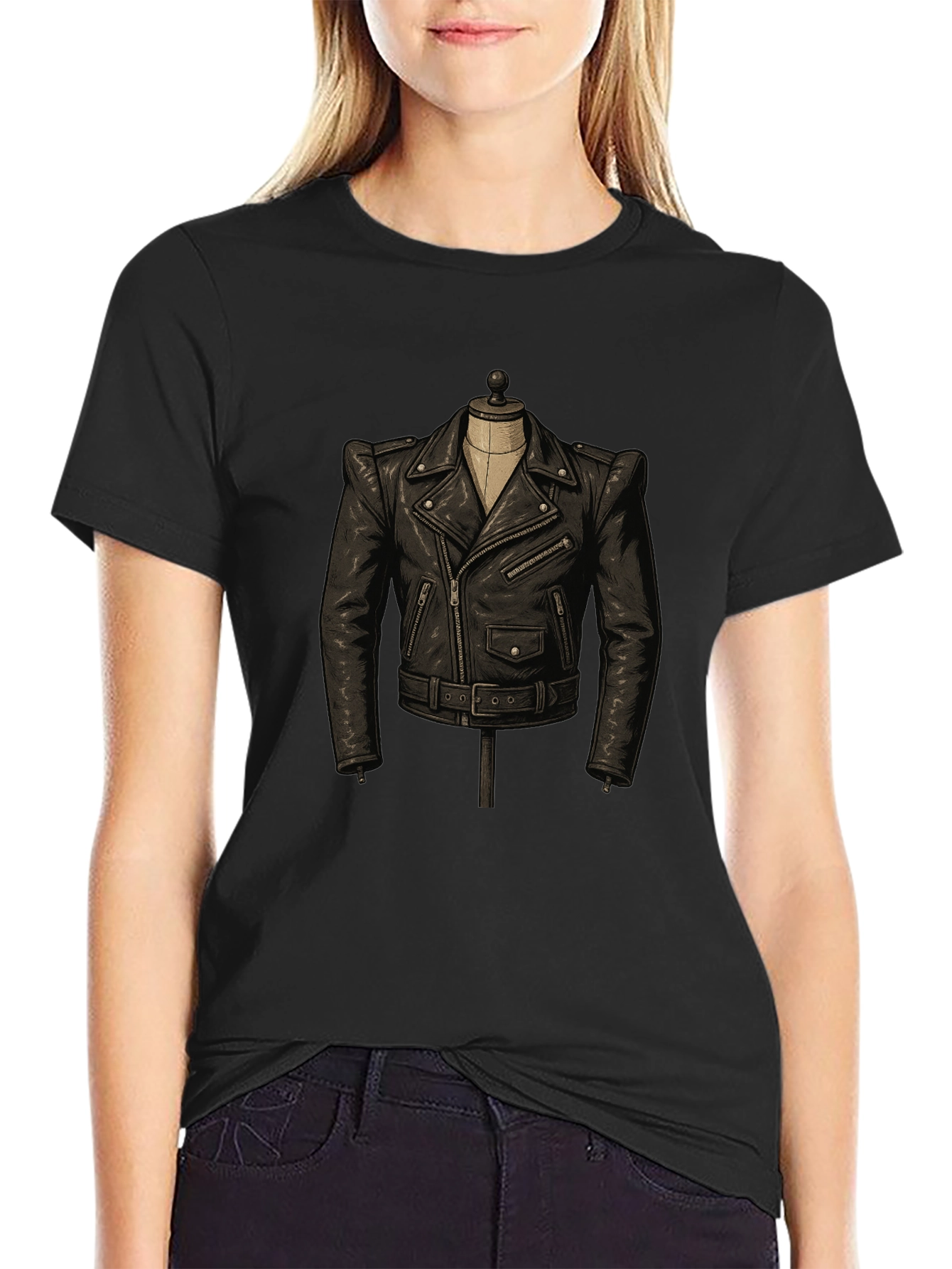 Black T-Shirt with Leather Jacket Design