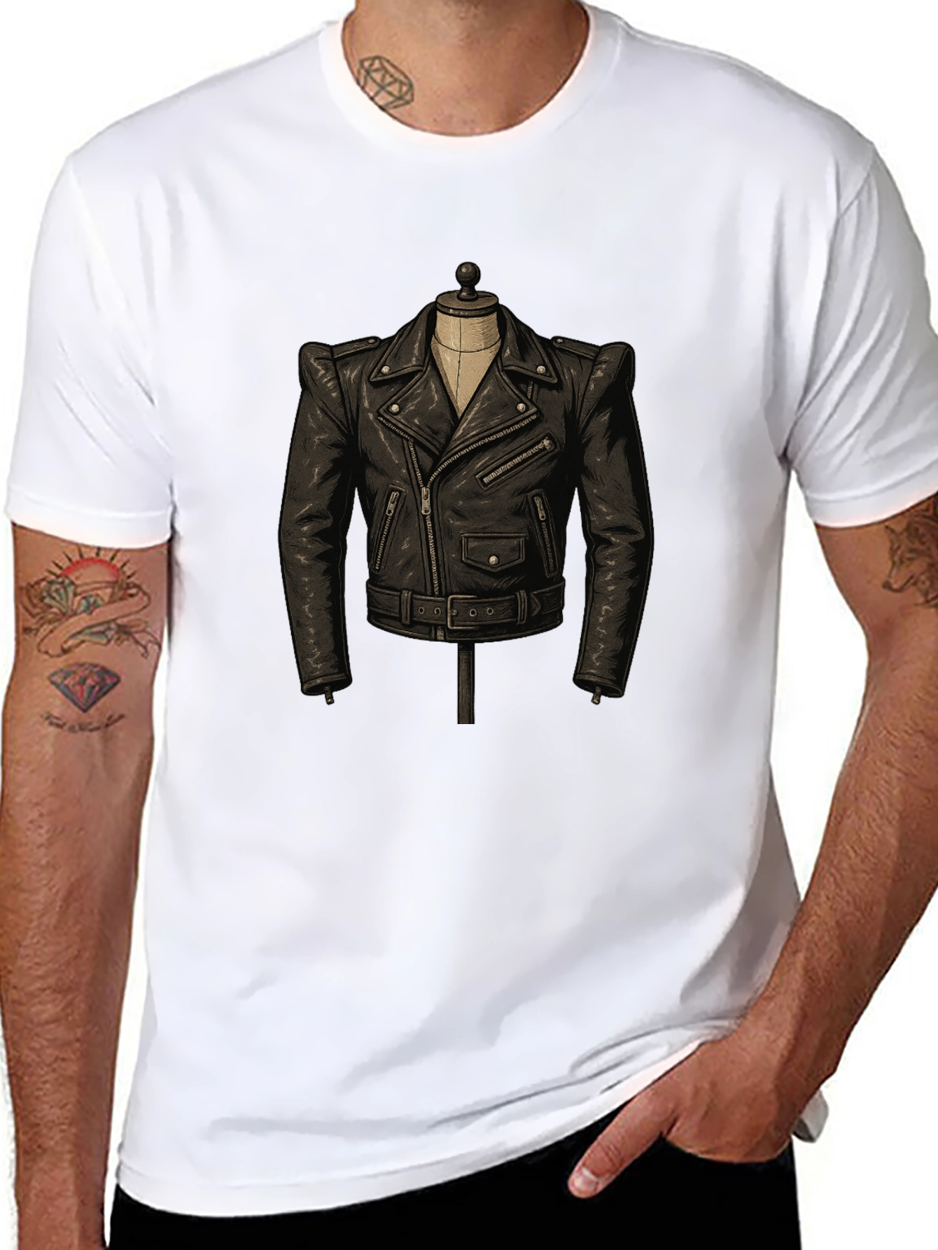 Black T-Shirt with Leather Jacket Design