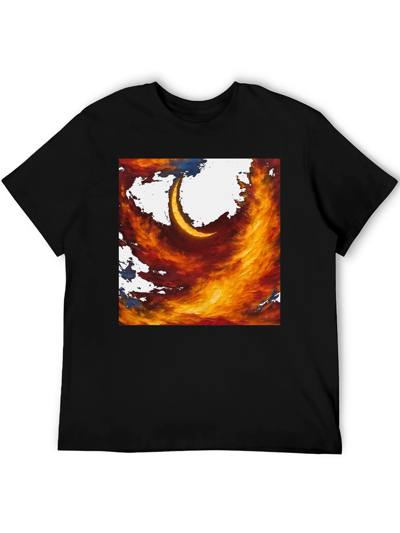 Fiery Crescent Graphic T-Shirt - Bold Artistic Design