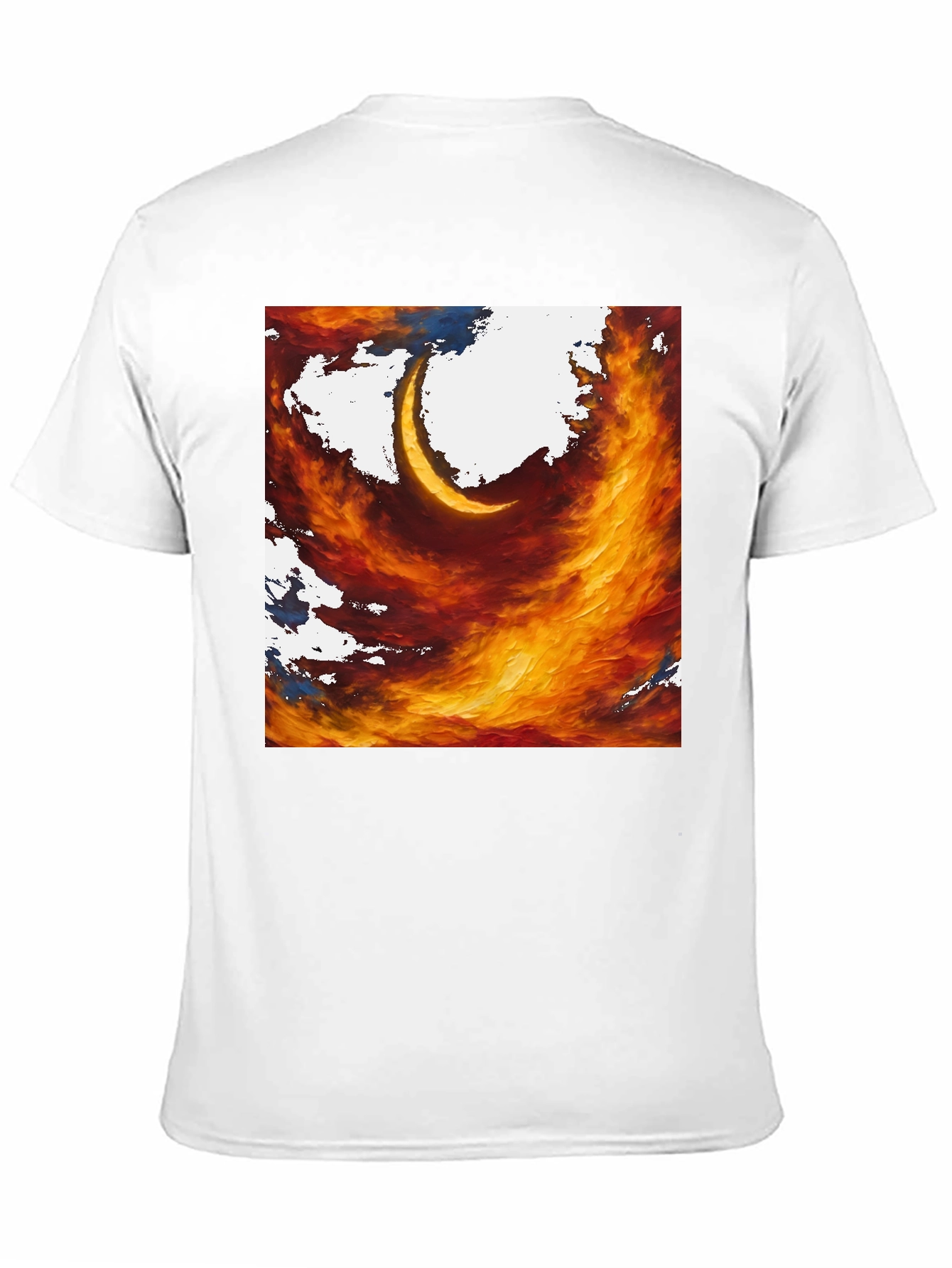 Fiery Crescent Graphic T-Shirt - Bold Artistic Design