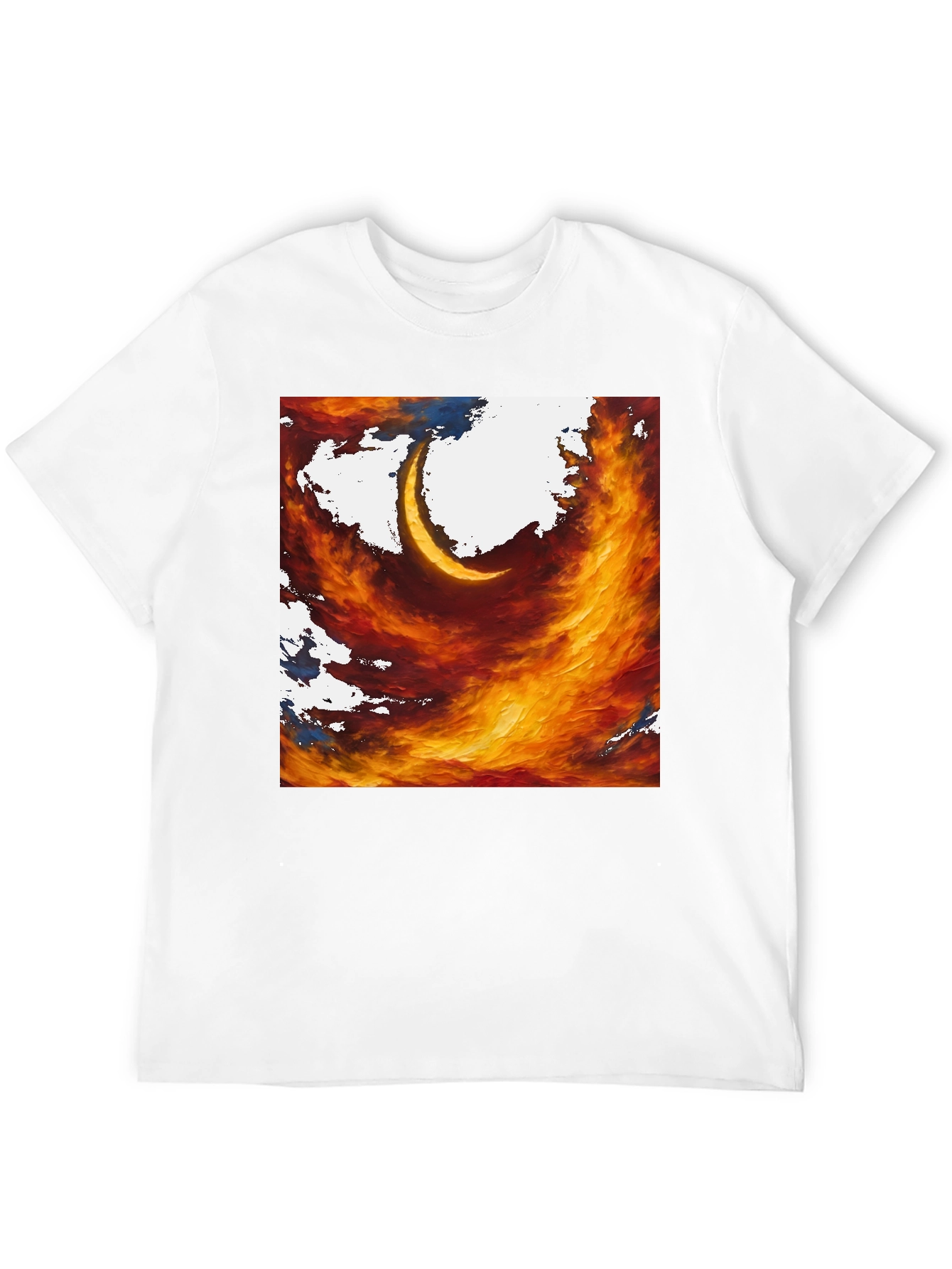 Fiery Crescent Graphic T-Shirt - Bold Artistic Design