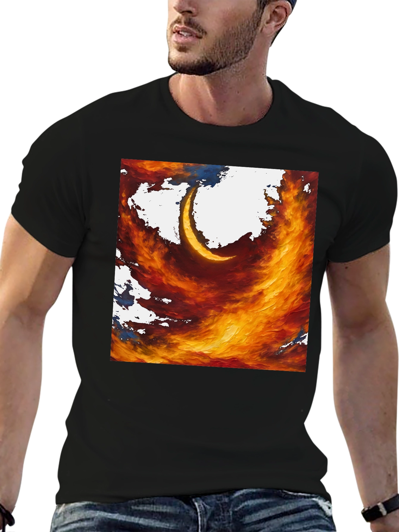 Fiery Crescent Graphic T-Shirt - Bold Artistic Design