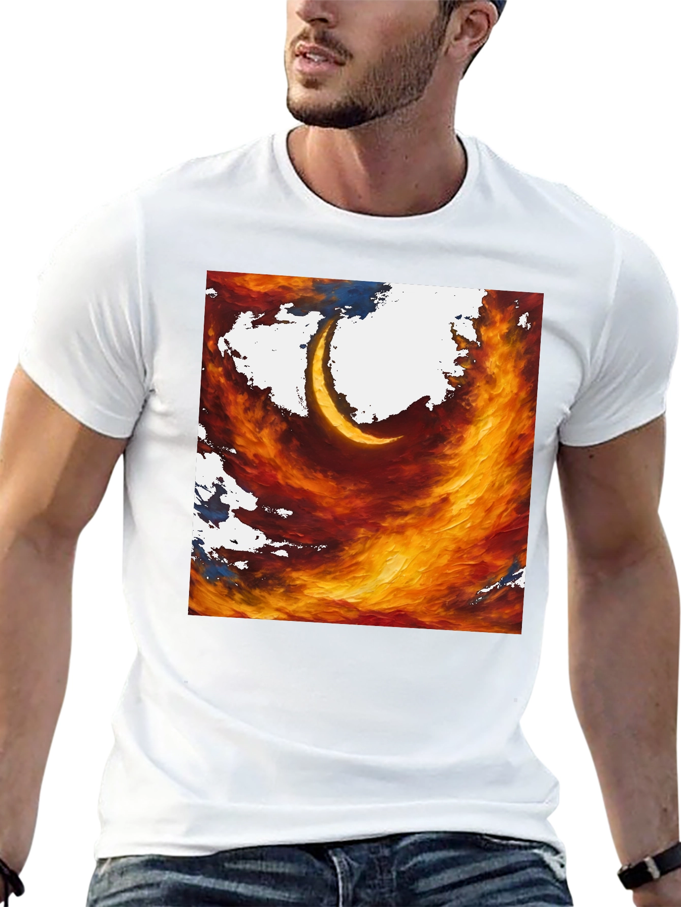 Fiery Crescent Graphic T-Shirt - Bold Artistic Design