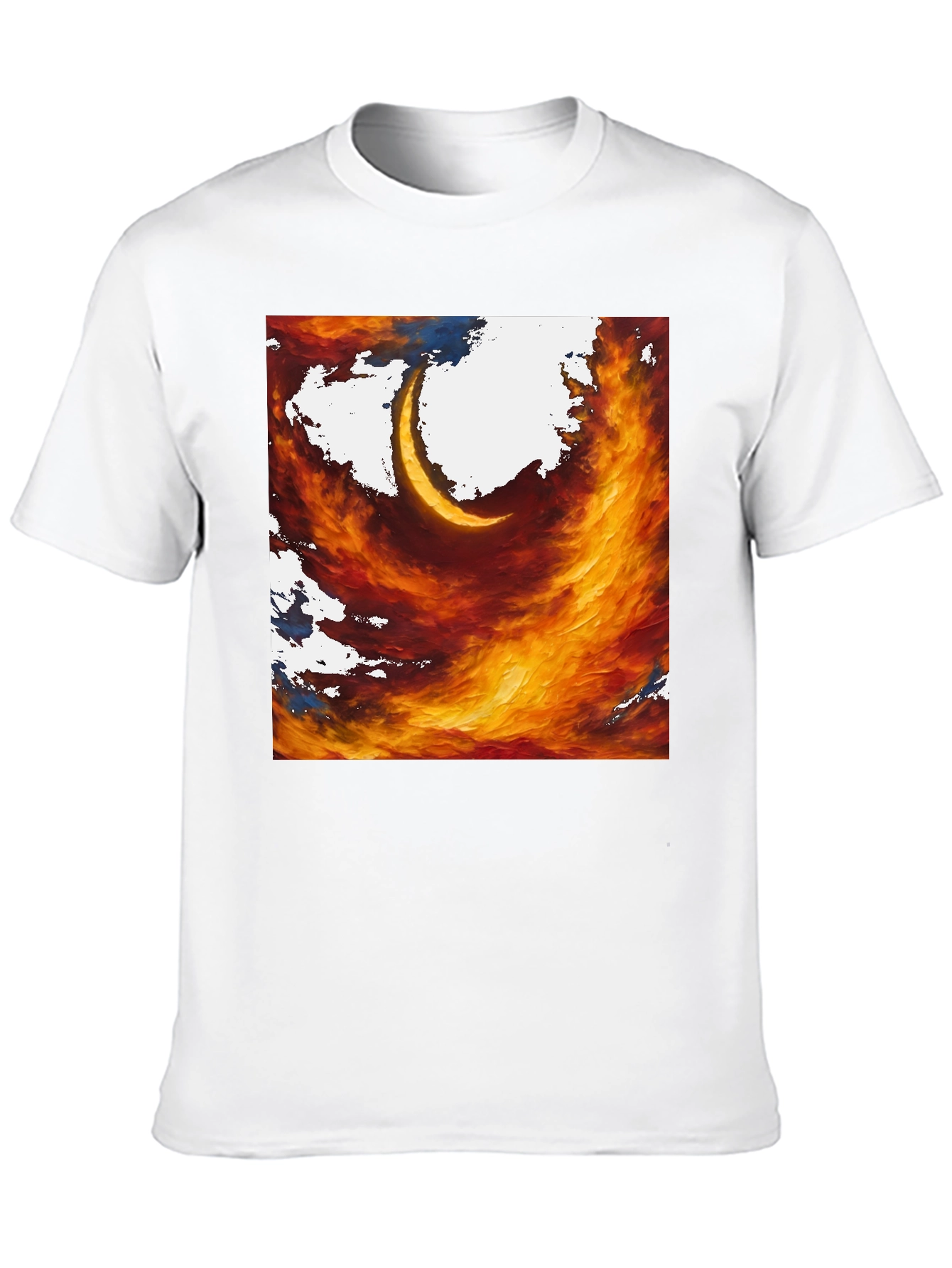 Fiery Crescent Graphic T-Shirt - Bold Artistic Design