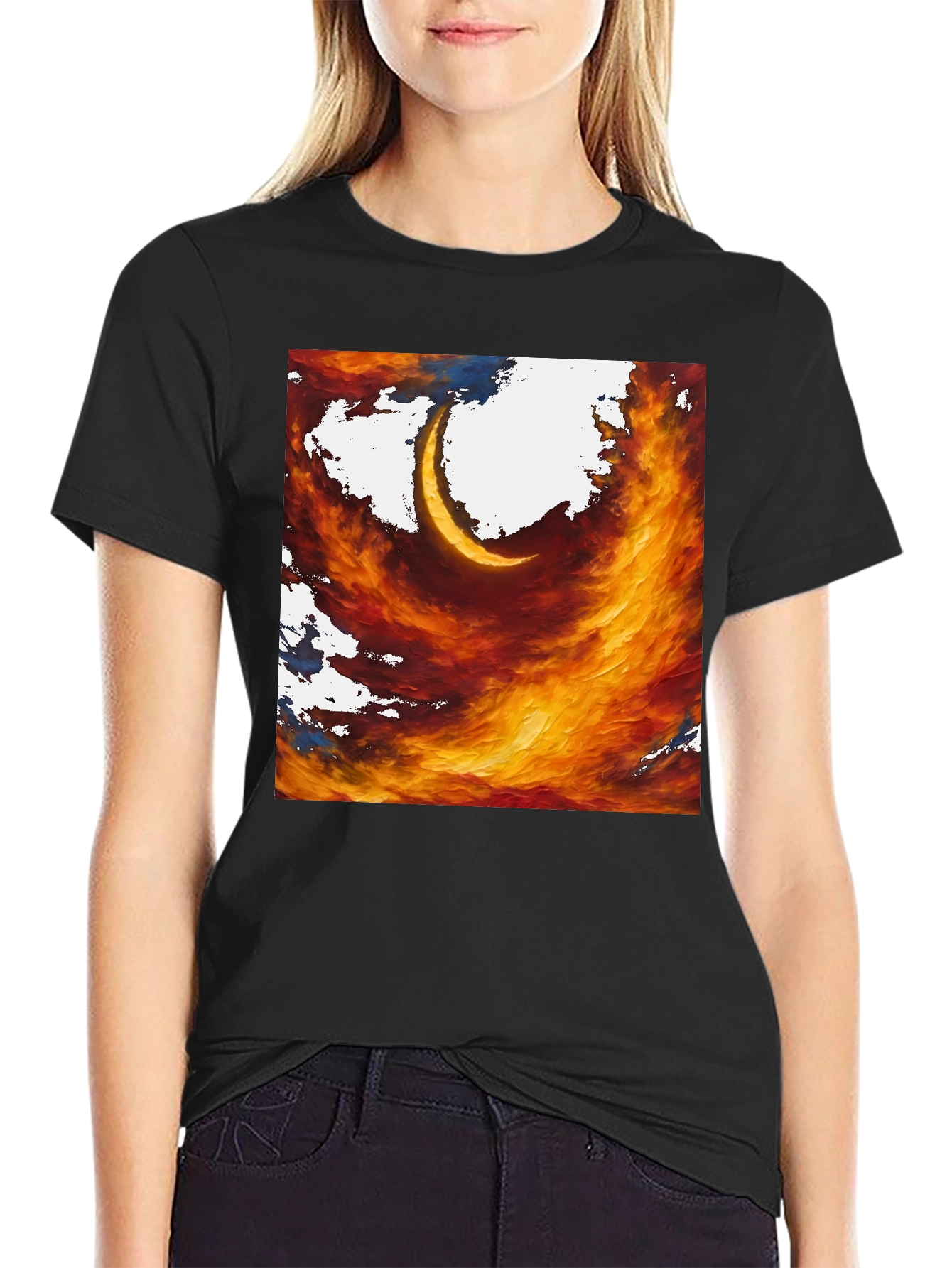 Fiery Crescent Graphic T-Shirt - Bold Artistic Design
