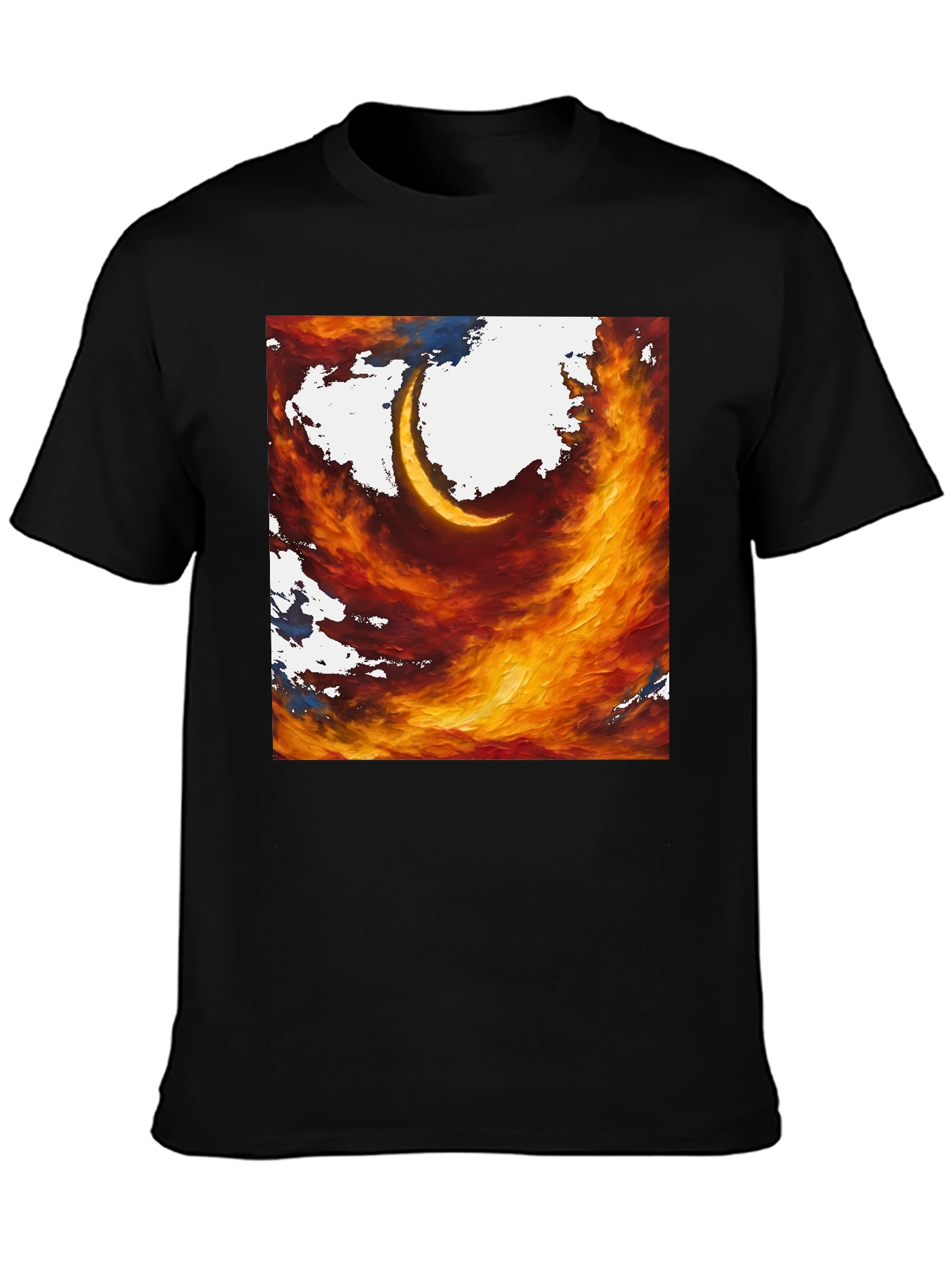 Fiery Crescent Graphic T-Shirt - Bold Artistic Design