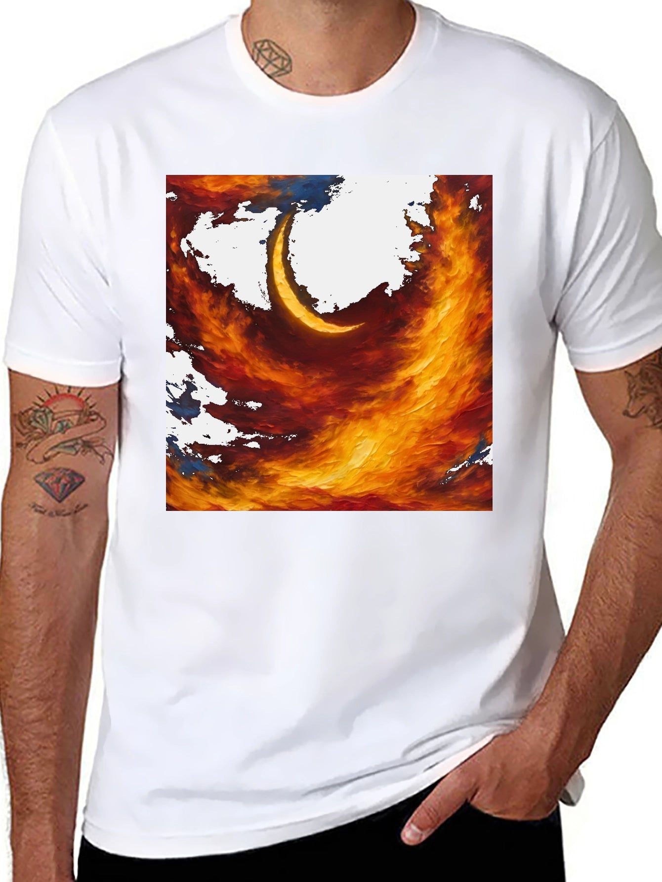 Fiery Crescent Graphic T-Shirt - Bold Artistic Design