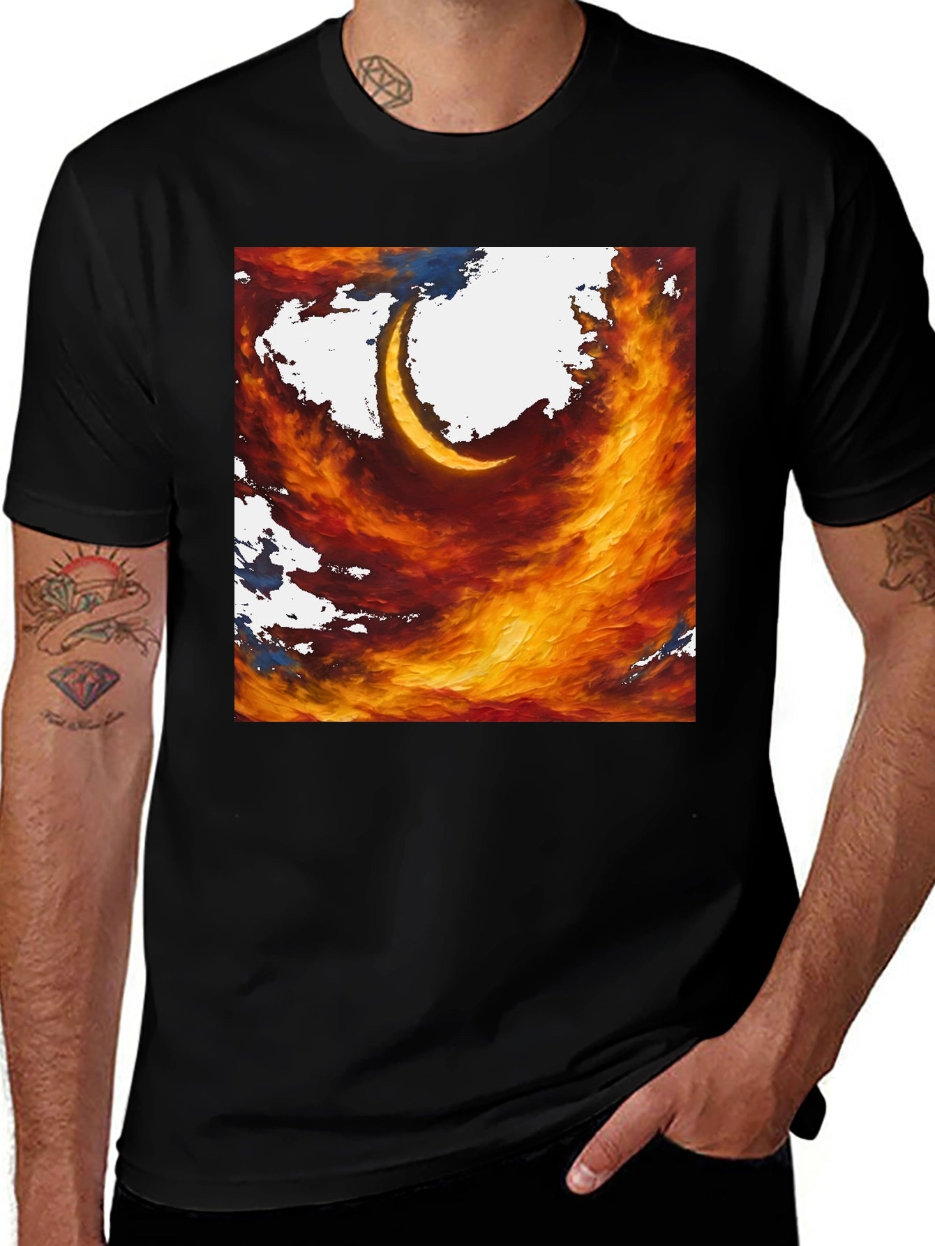 Fiery Crescent Graphic T-Shirt - Bold Artistic Design