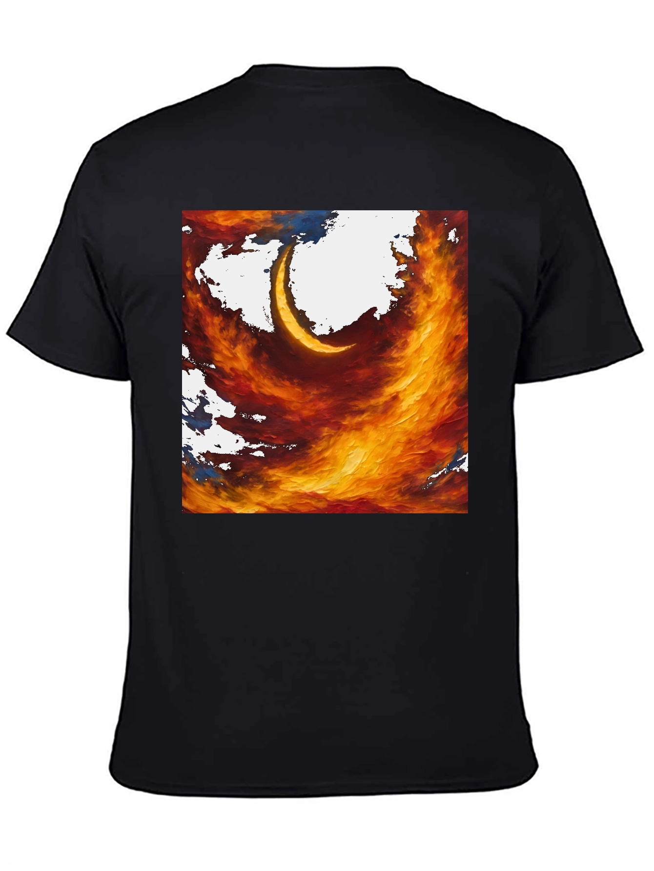 Fiery Crescent Graphic T-Shirt - Bold Artistic Design