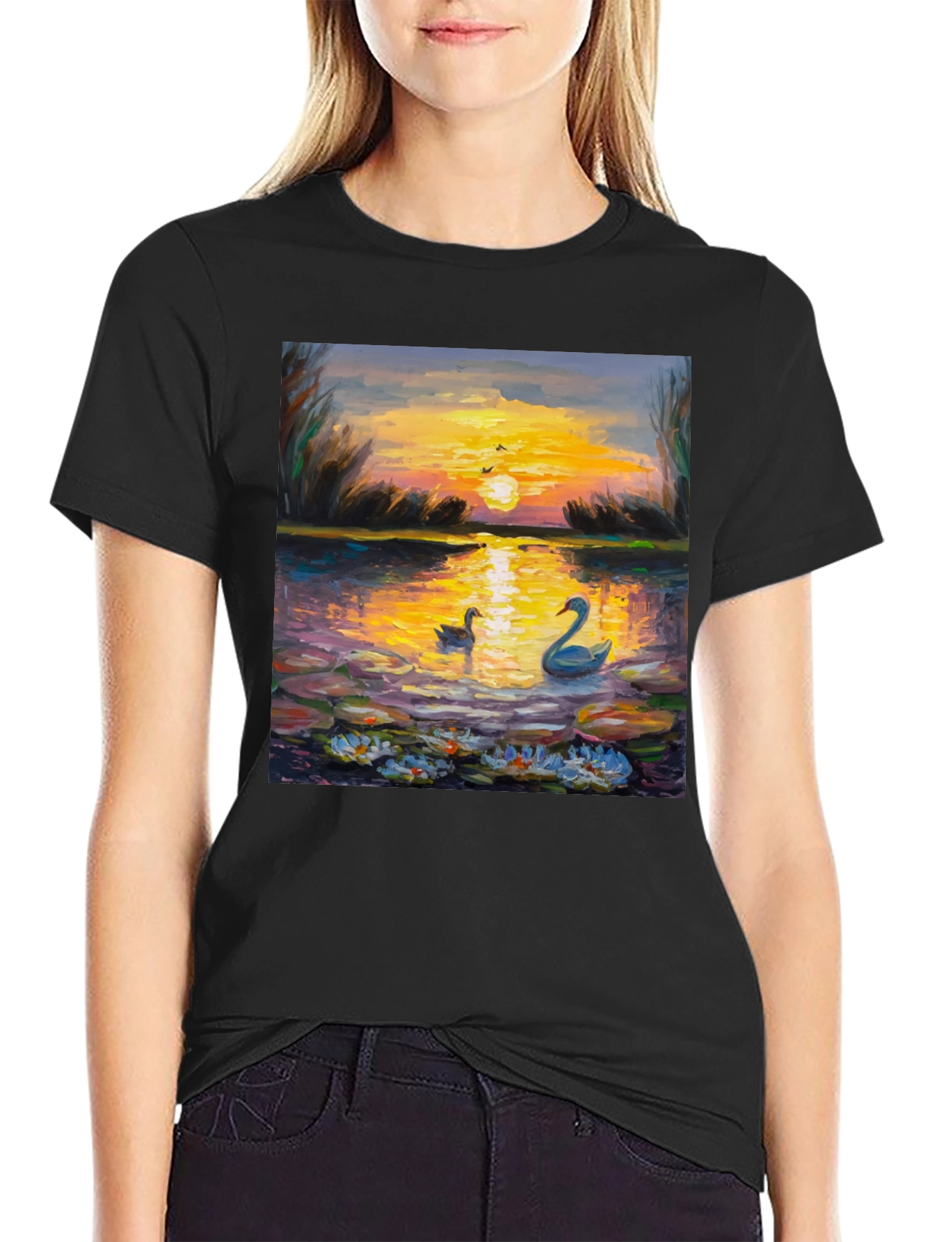 Sunset Swans Graphic Tee - Artistic Impression