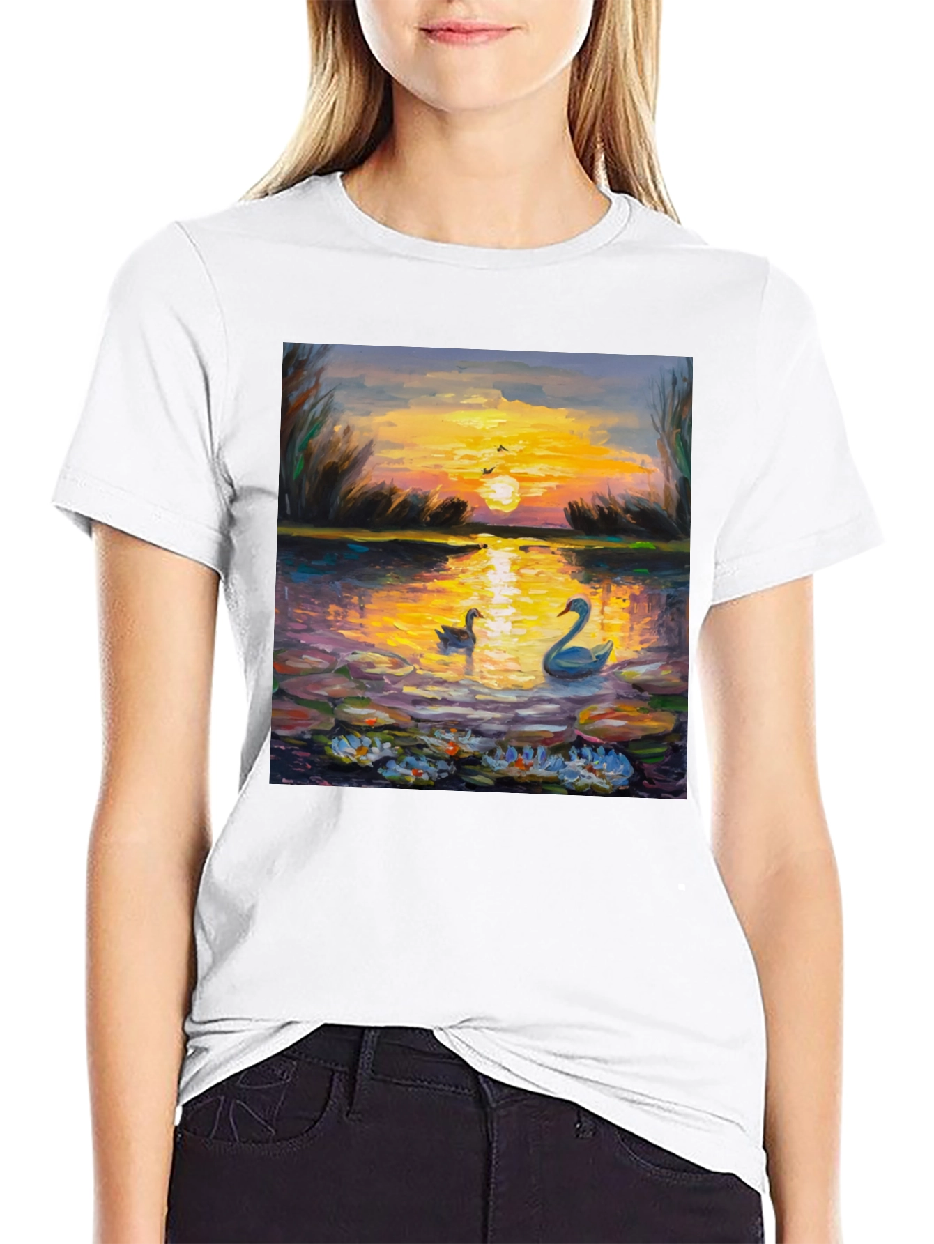 Sunset Swans Graphic Tee - Artistic Impression