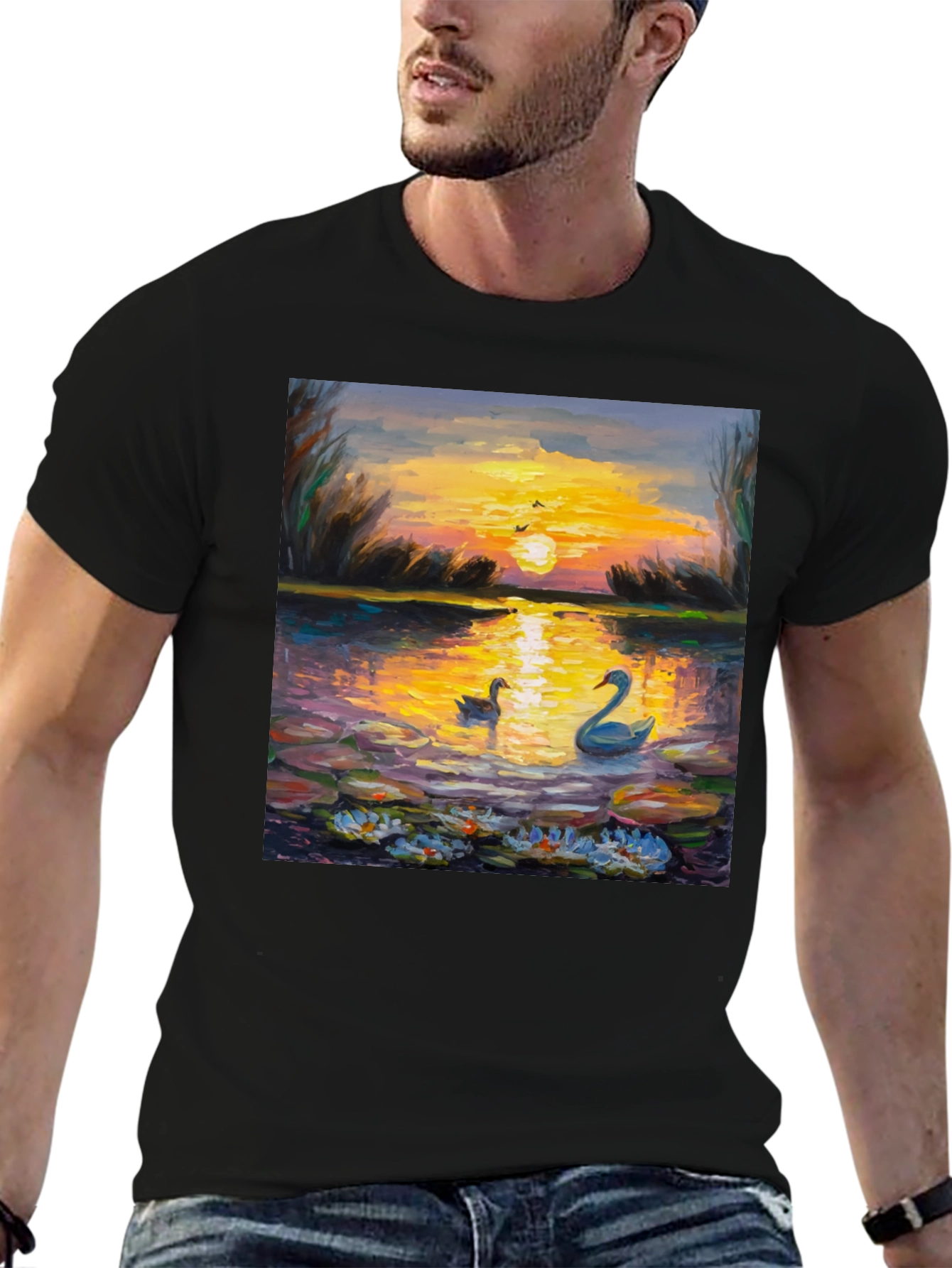 Sunset Swans Graphic Tee - Artistic Impression