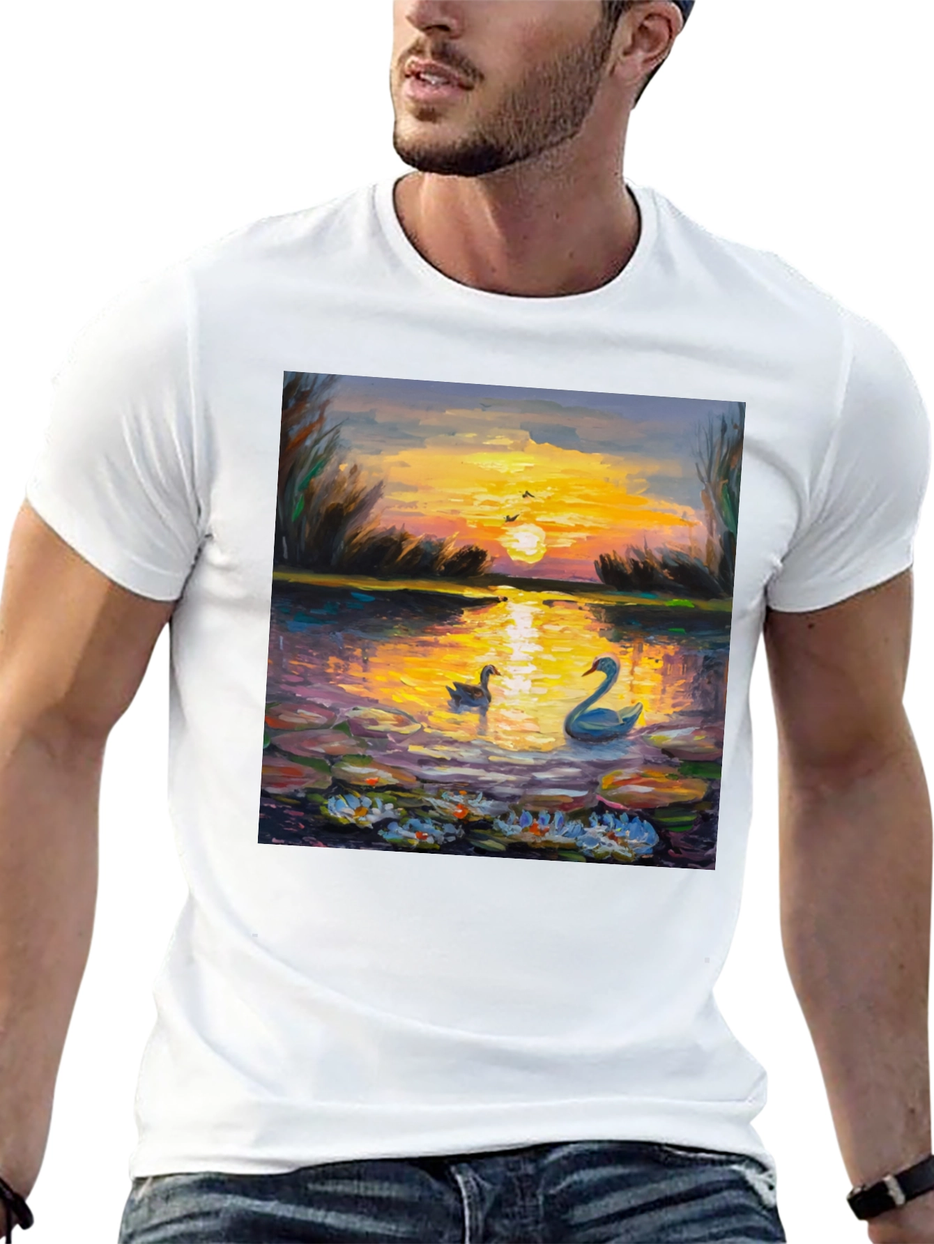 Sunset Swans Graphic Tee - Artistic Impression
