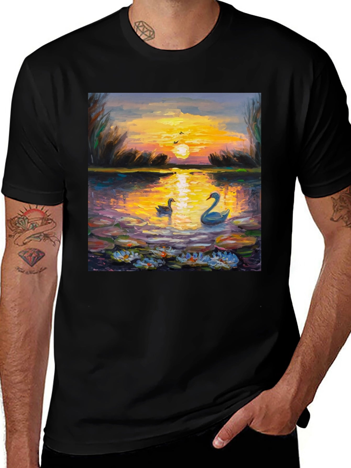 Sunset Swans Graphic Tee - Artistic Impression