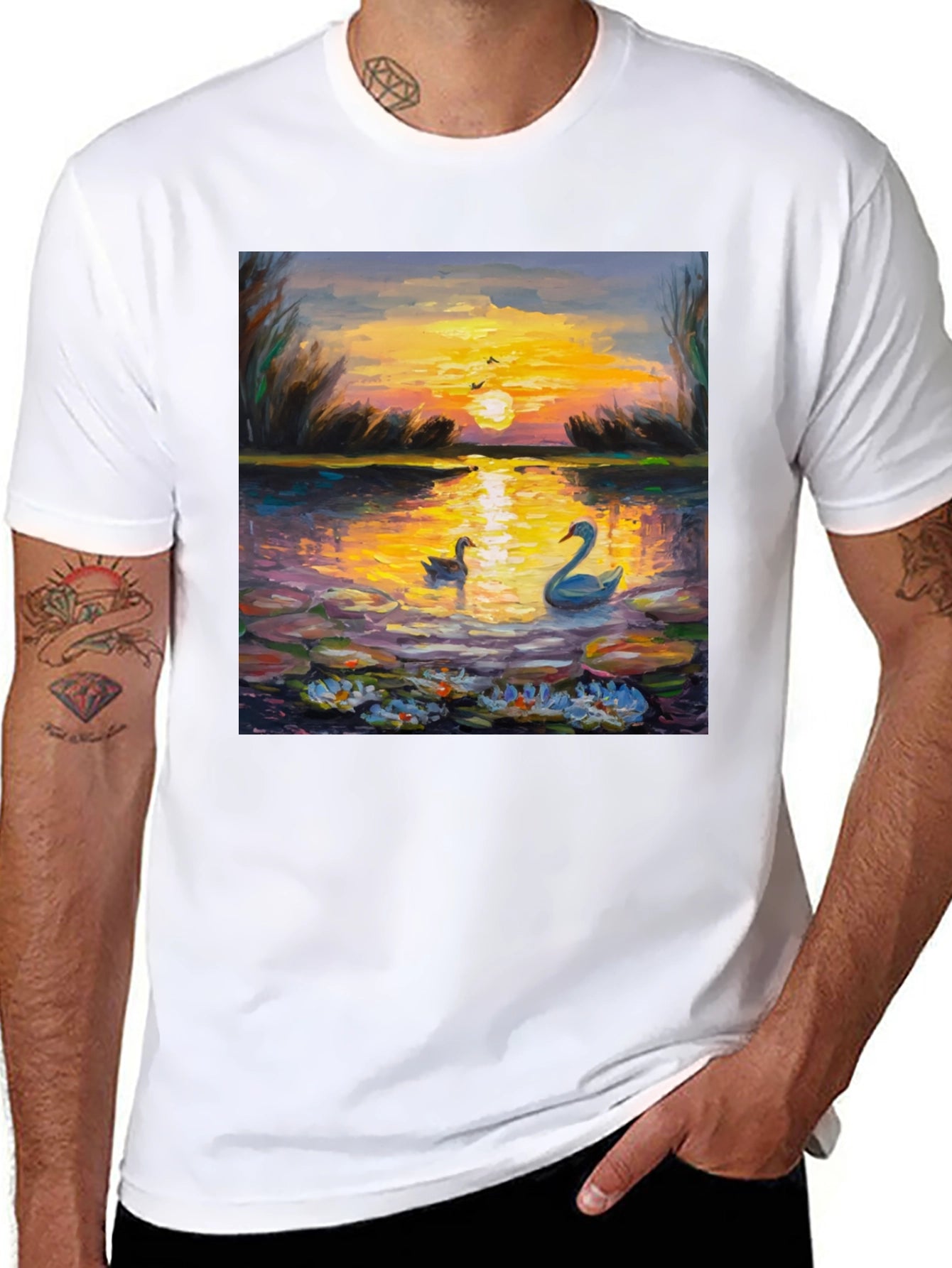 Sunset Swans Graphic Tee - Artistic Impression