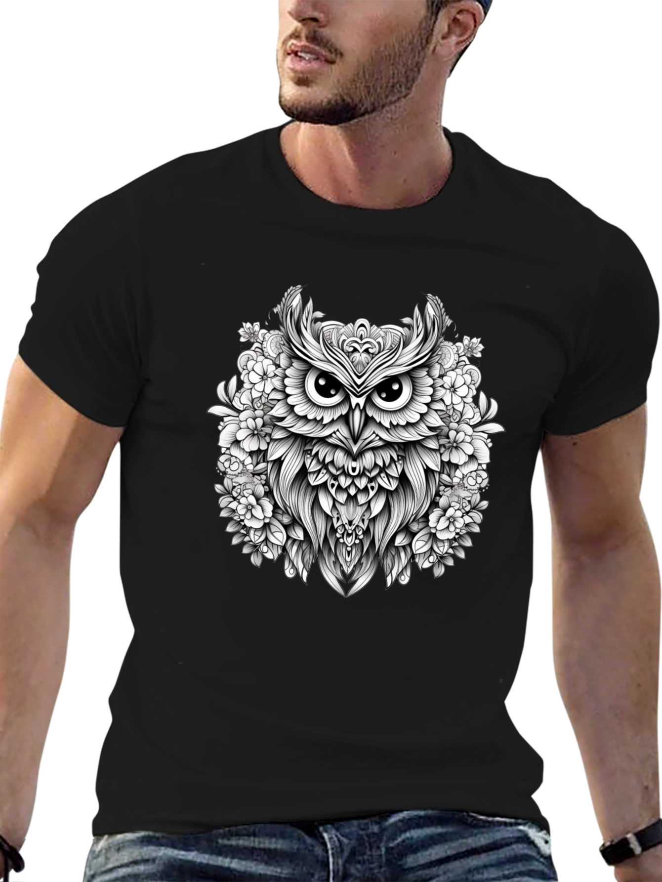 Floral Owl Graphic Black T-Shirt