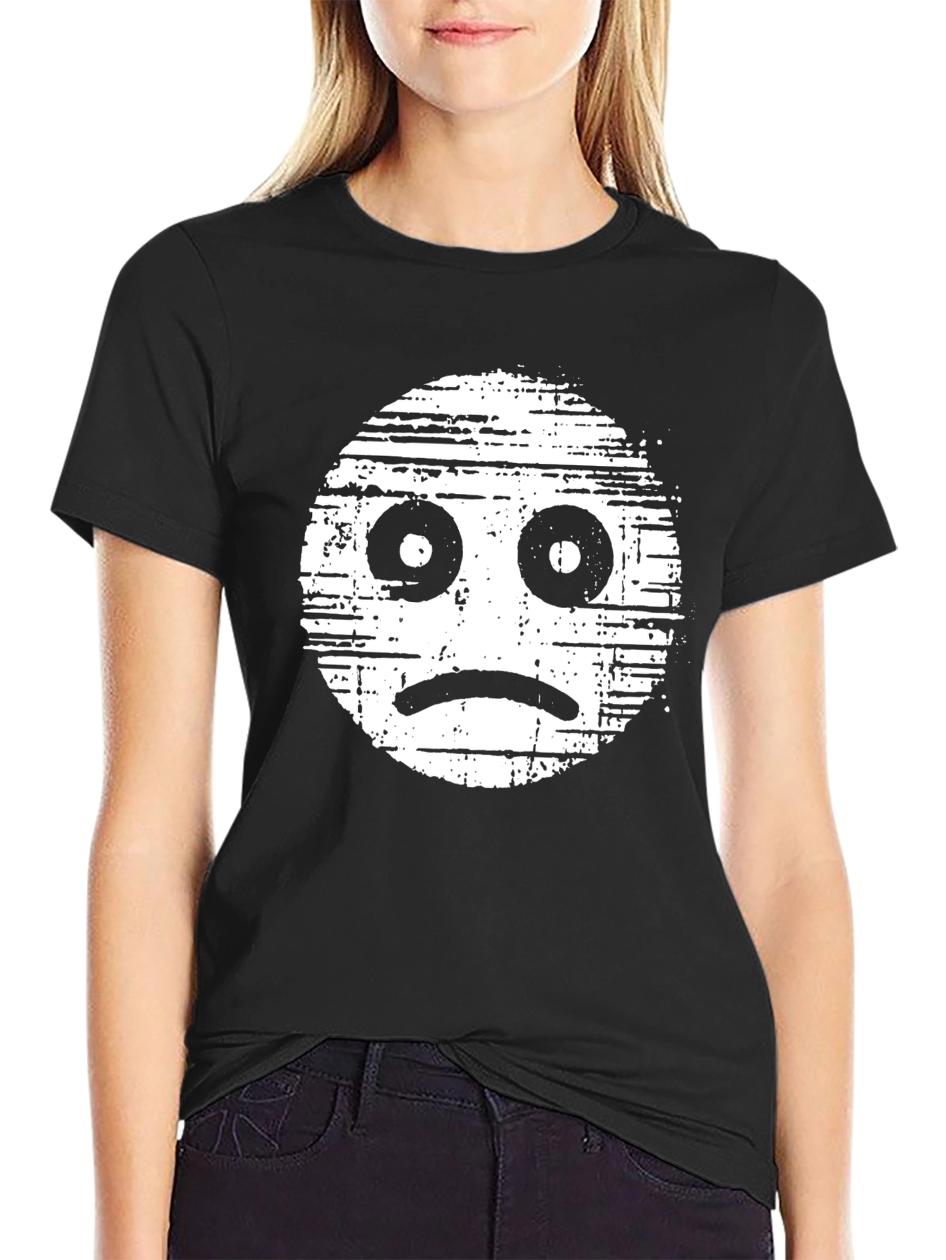 Sad Face Graphic Tee - Distressed Style