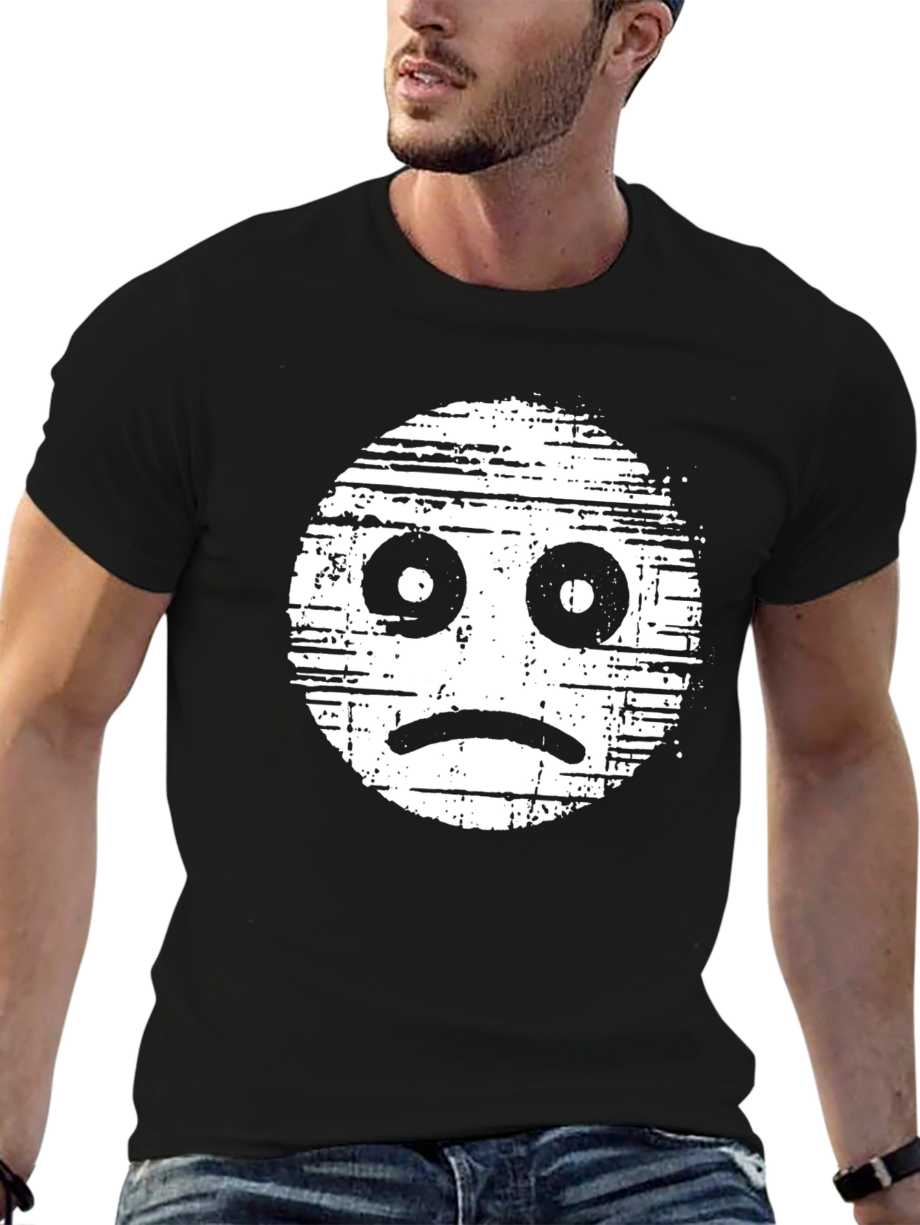 Sad Face Graphic Tee - Distressed Style