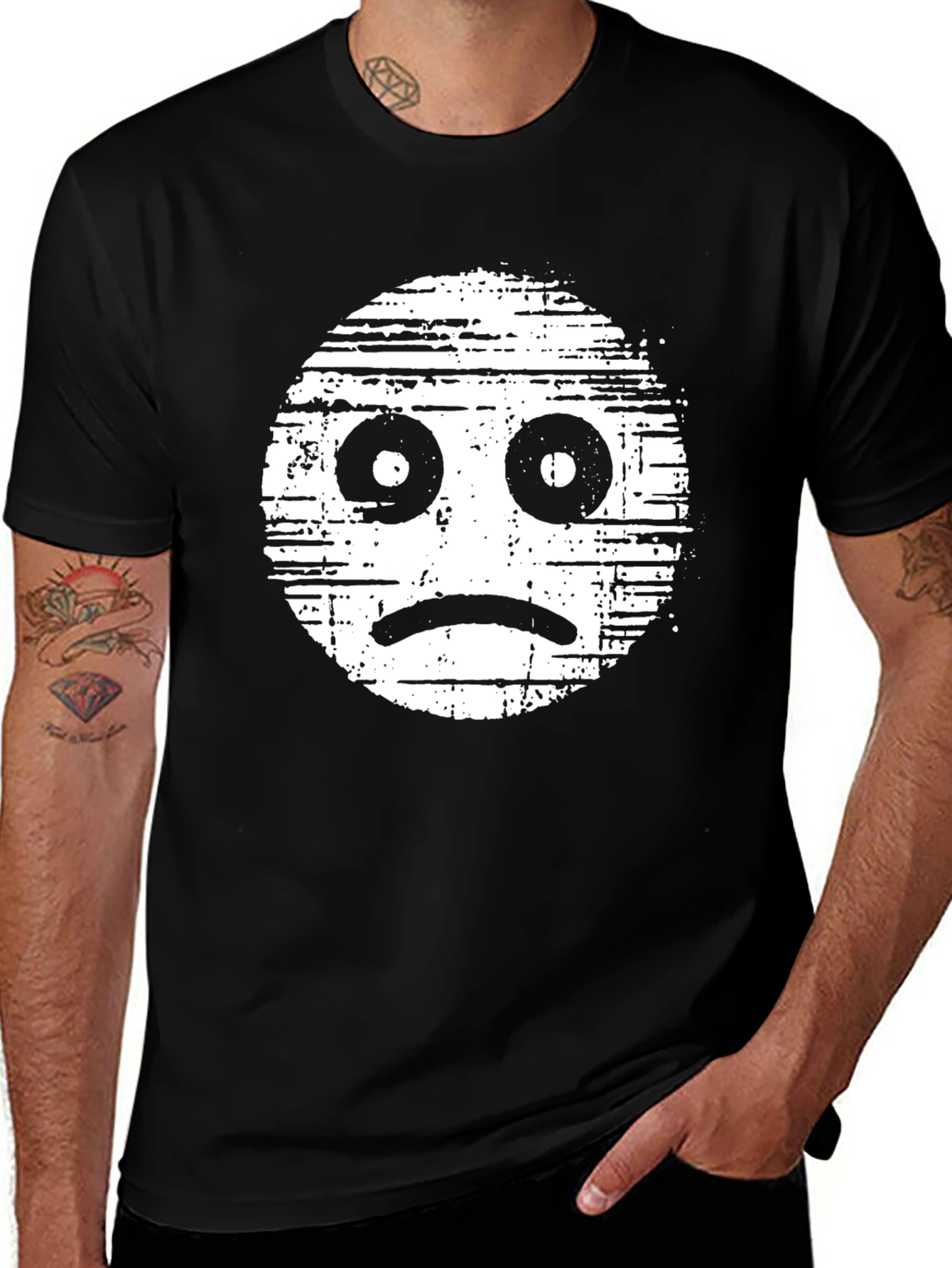 Sad Face Graphic Tee - Distressed Style