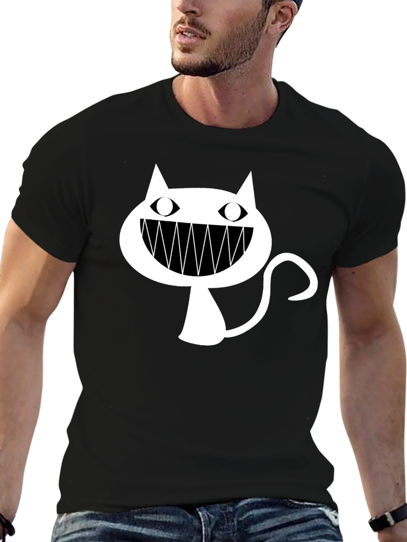 Black T-Shirt with Cartoon Cat Graphic