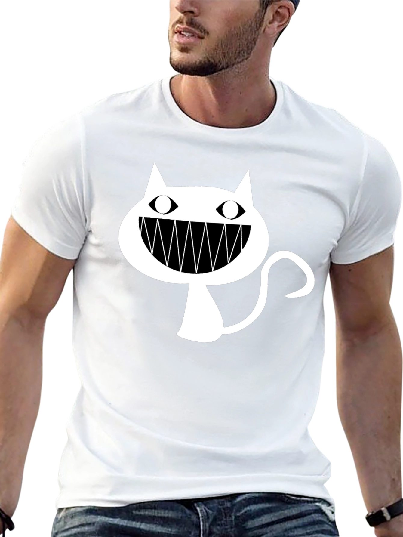 Black T-Shirt with Cartoon Cat Graphic
