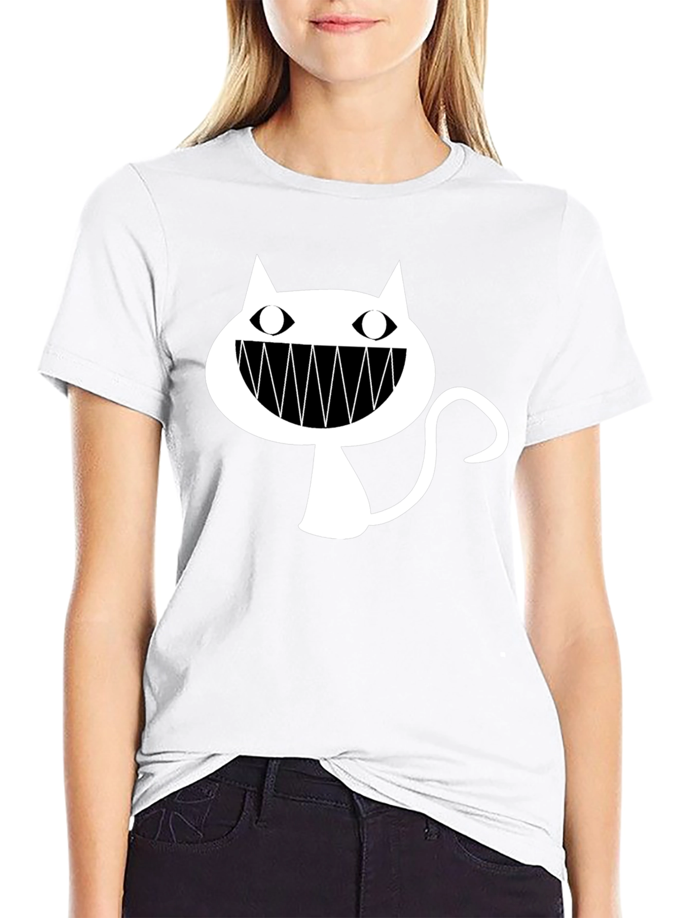 Black T-Shirt with Cartoon Cat Graphic