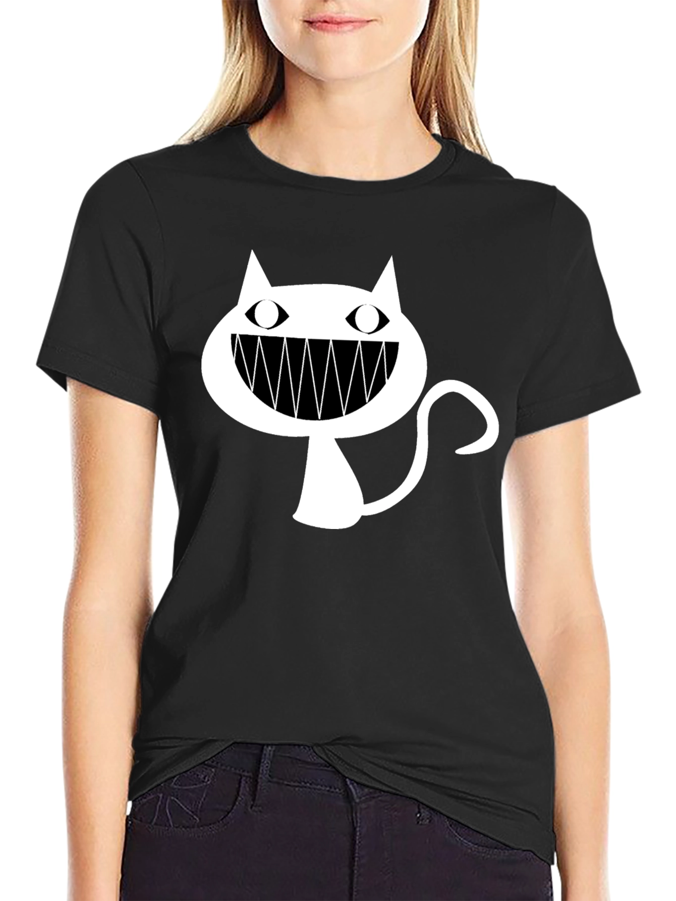 Black T-Shirt with Cartoon Cat Graphic