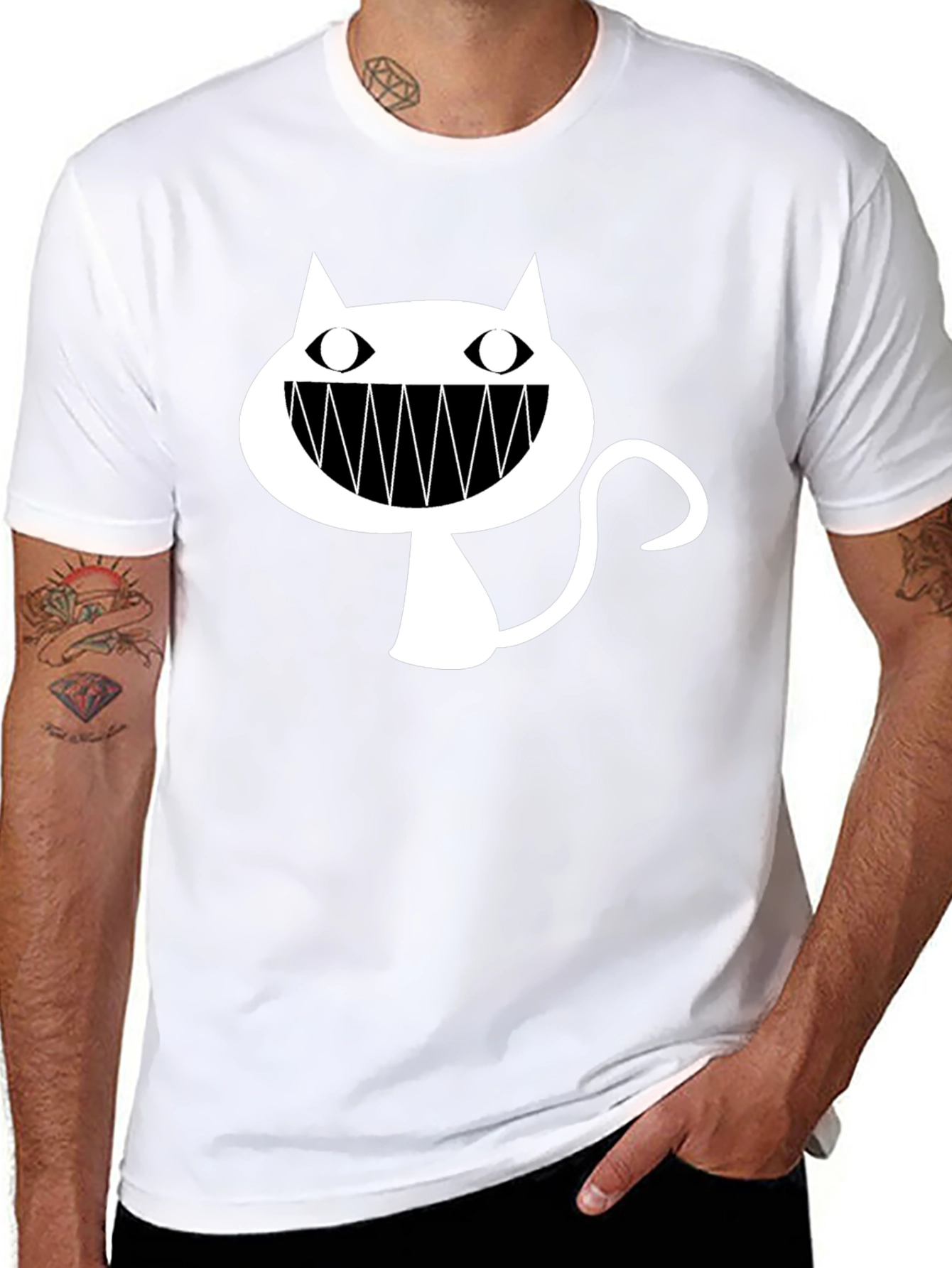 Black T-Shirt with Cartoon Cat Graphic