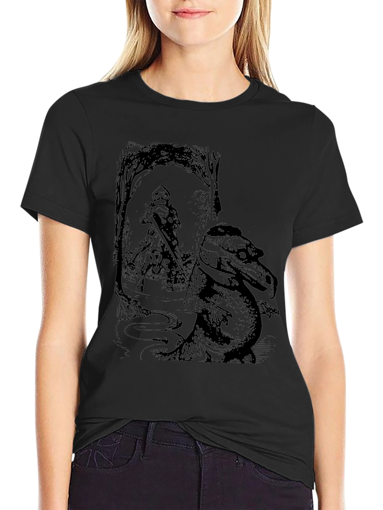 Knight & Dragon Graphic Tee - Black Cotton