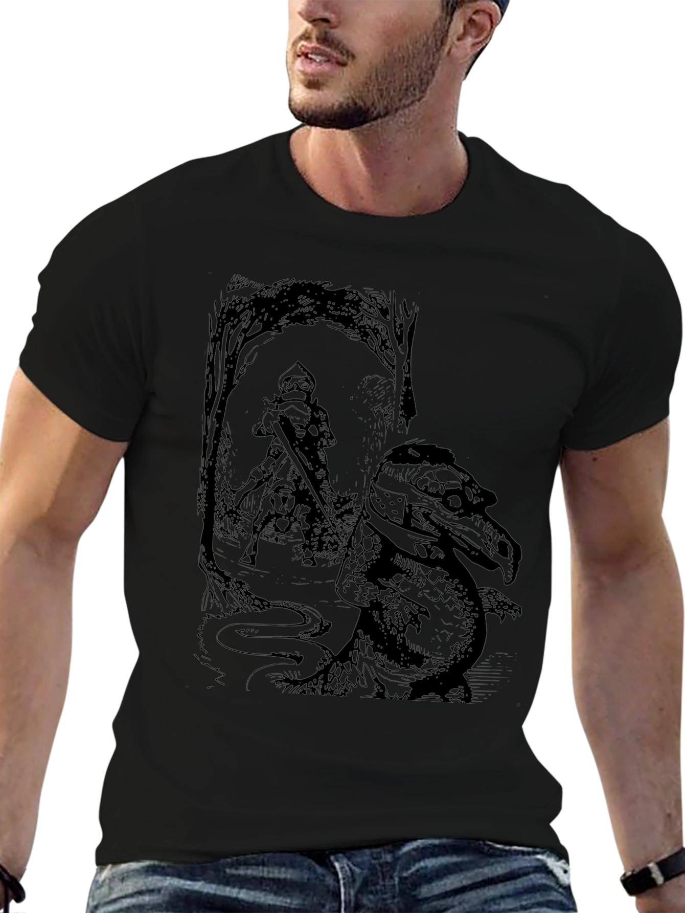 Knight & Dragon Graphic Tee - Black Cotton
