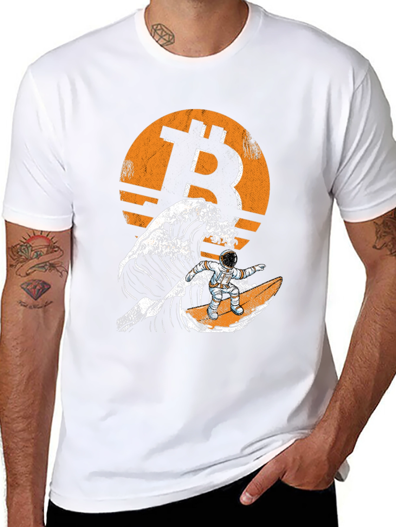 Bitcoin Astronaut Surfing Wave T-Shirt - Crypto Tee