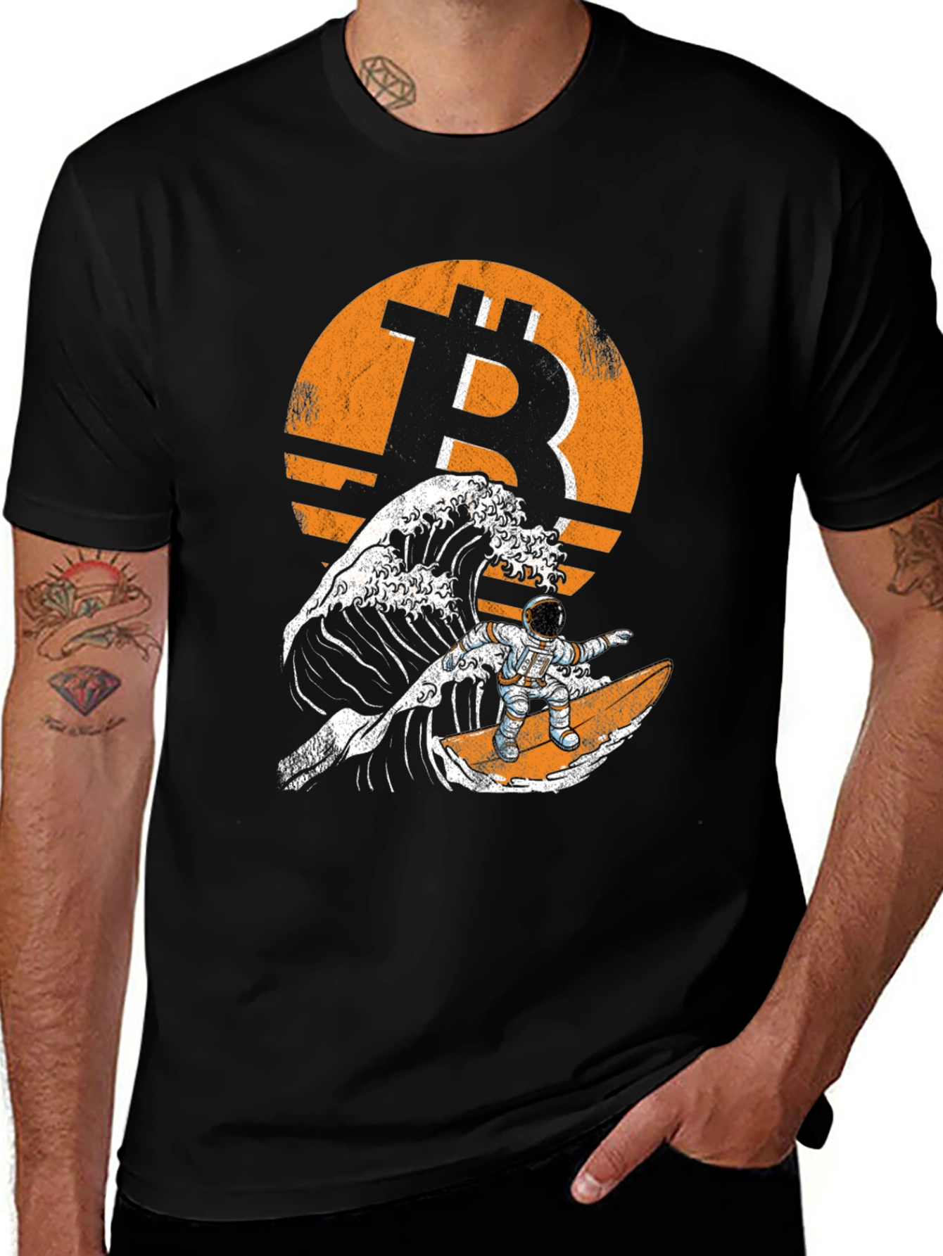Bitcoin Astronaut Surfing Wave T-Shirt - Crypto Tee