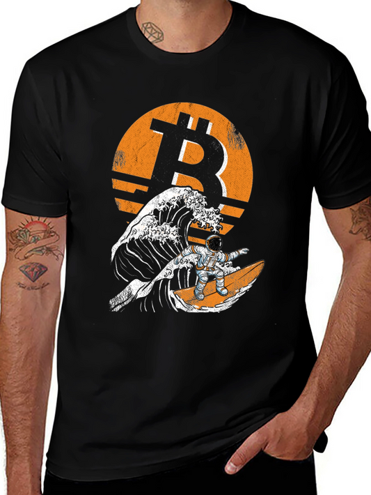 Bitcoin Astronaut Surfing Wave T-Shirt - Crypto Tee