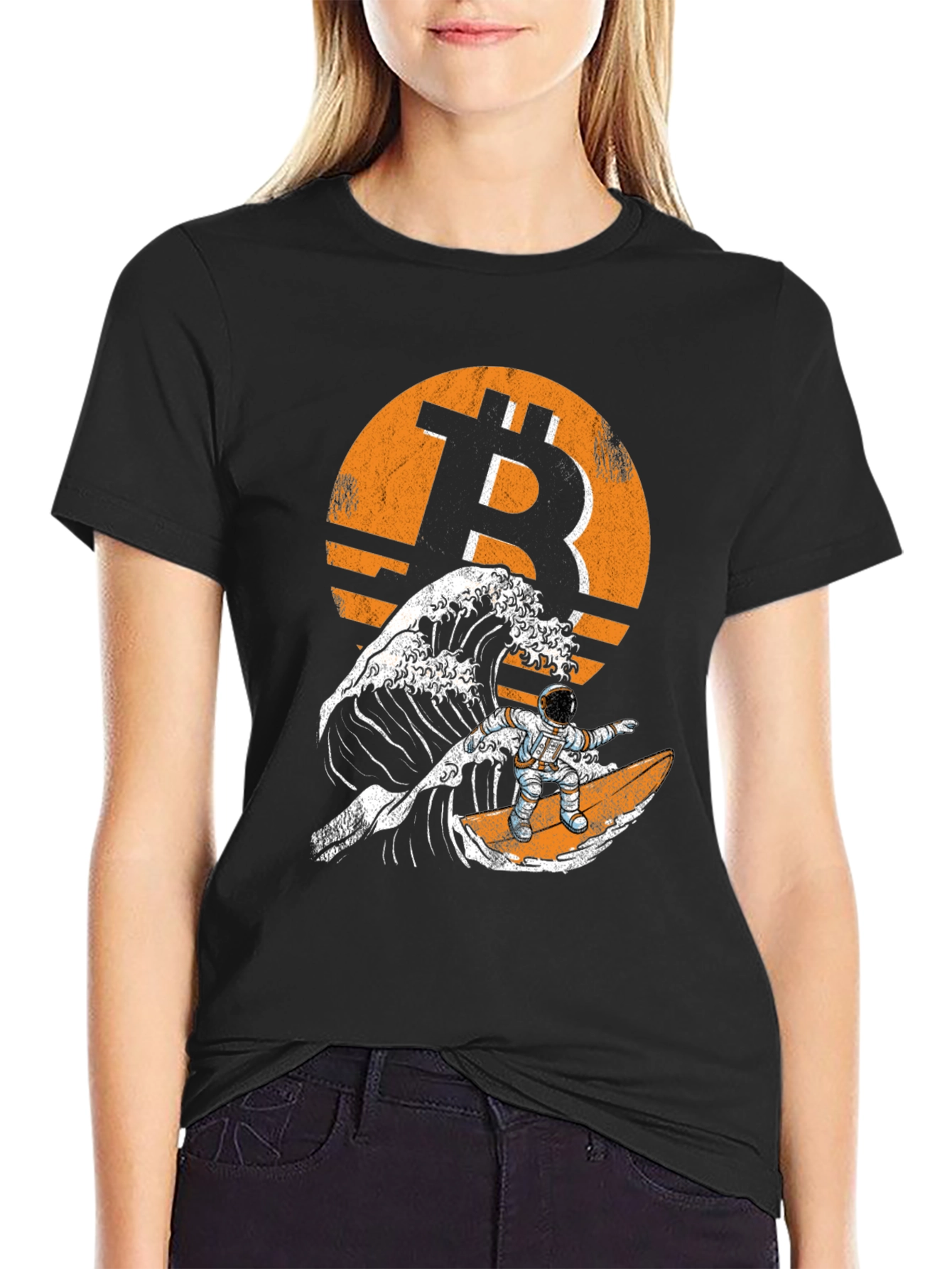 Bitcoin Astronaut Surfing Wave T-Shirt - Crypto Tee