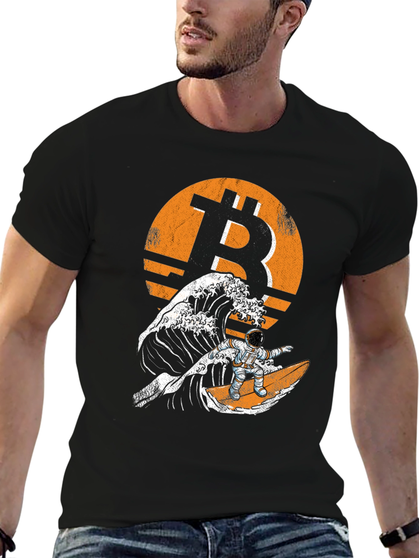 Bitcoin Astronaut Surfing Wave T-Shirt - Crypto Tee