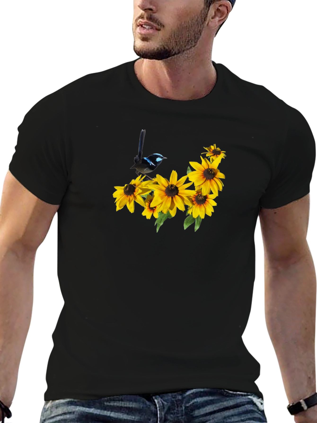 Black Tee with Bird and Sunflower Graphic