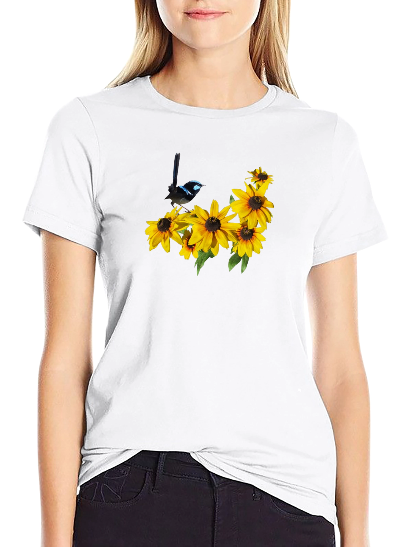 Black Tee with Bird and Sunflower Graphic
