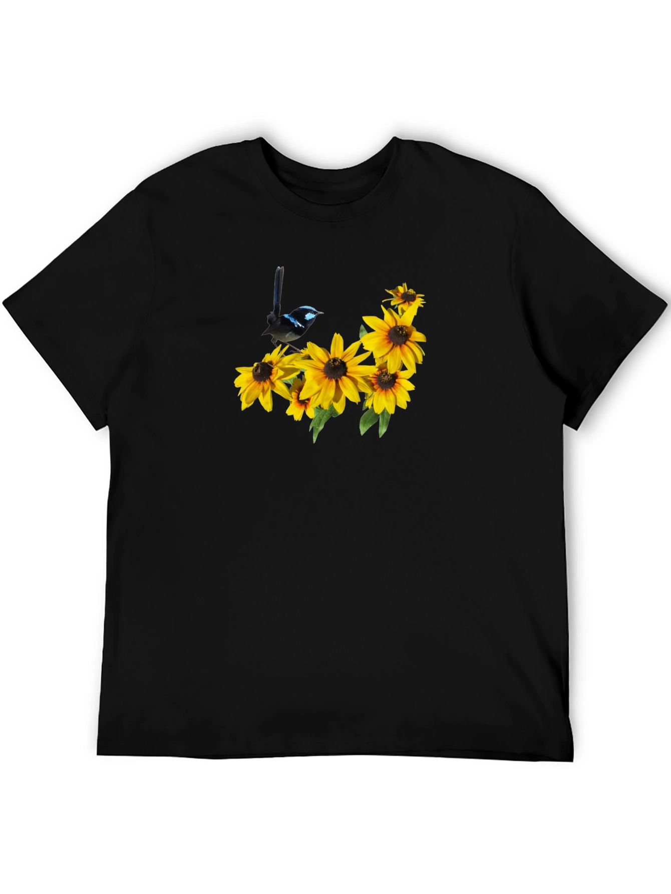 Black Tee with Bird and Sunflower Graphic