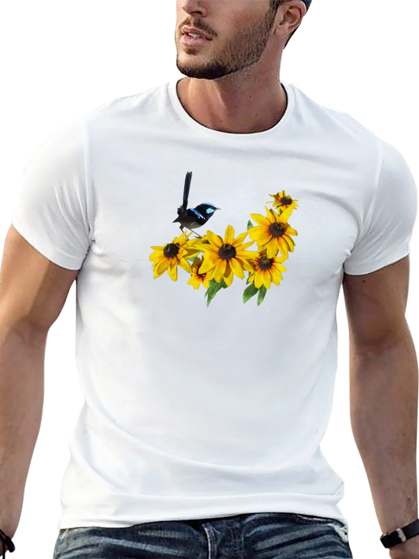 Black Tee with Bird and Sunflower Graphic