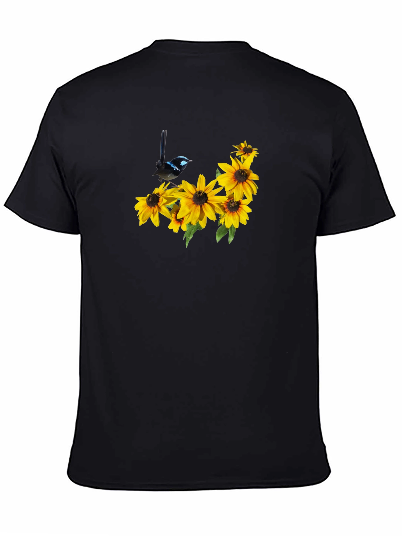 Black Tee with Bird and Sunflower Graphic