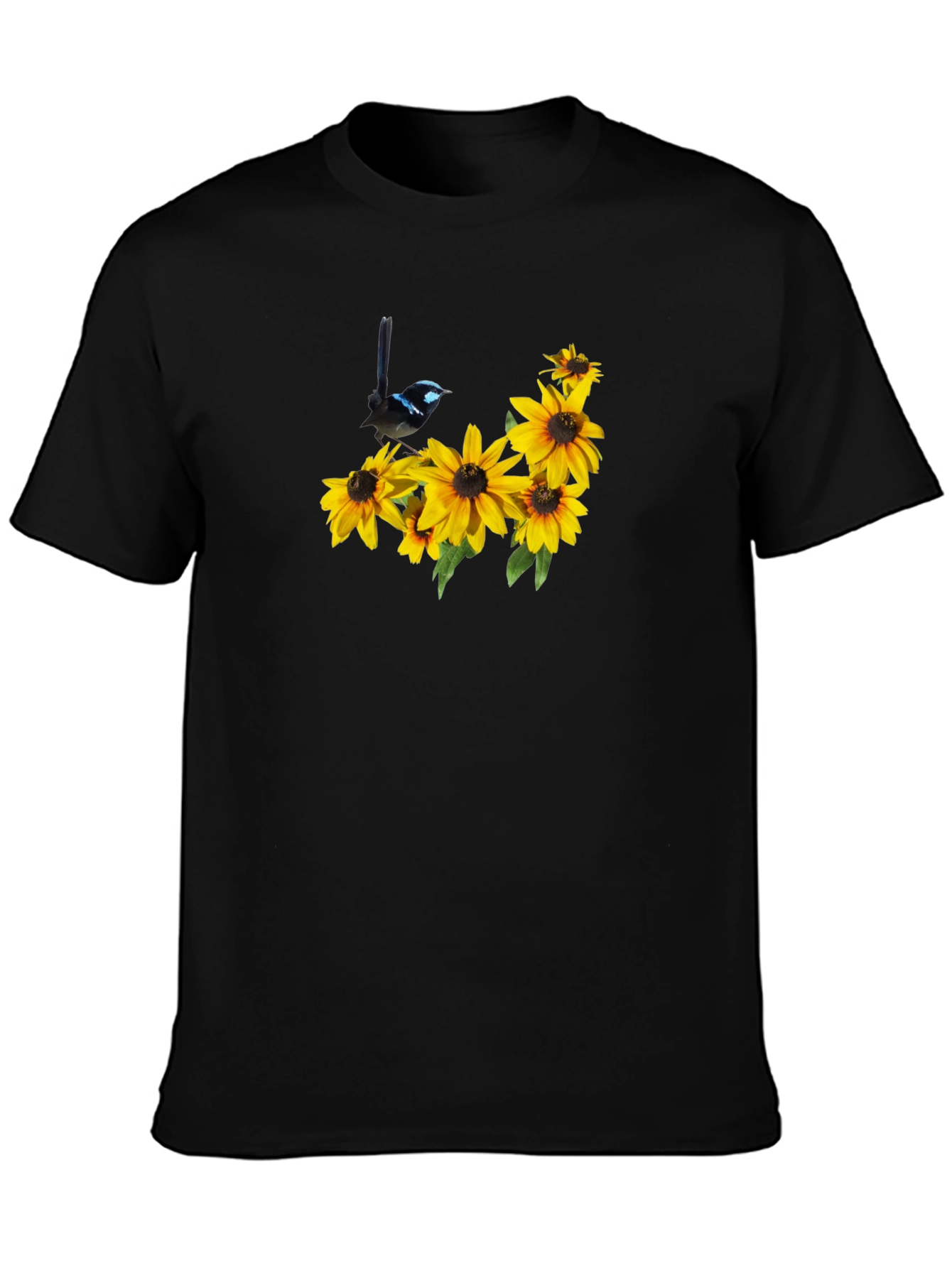 Black Tee with Bird and Sunflower Graphic