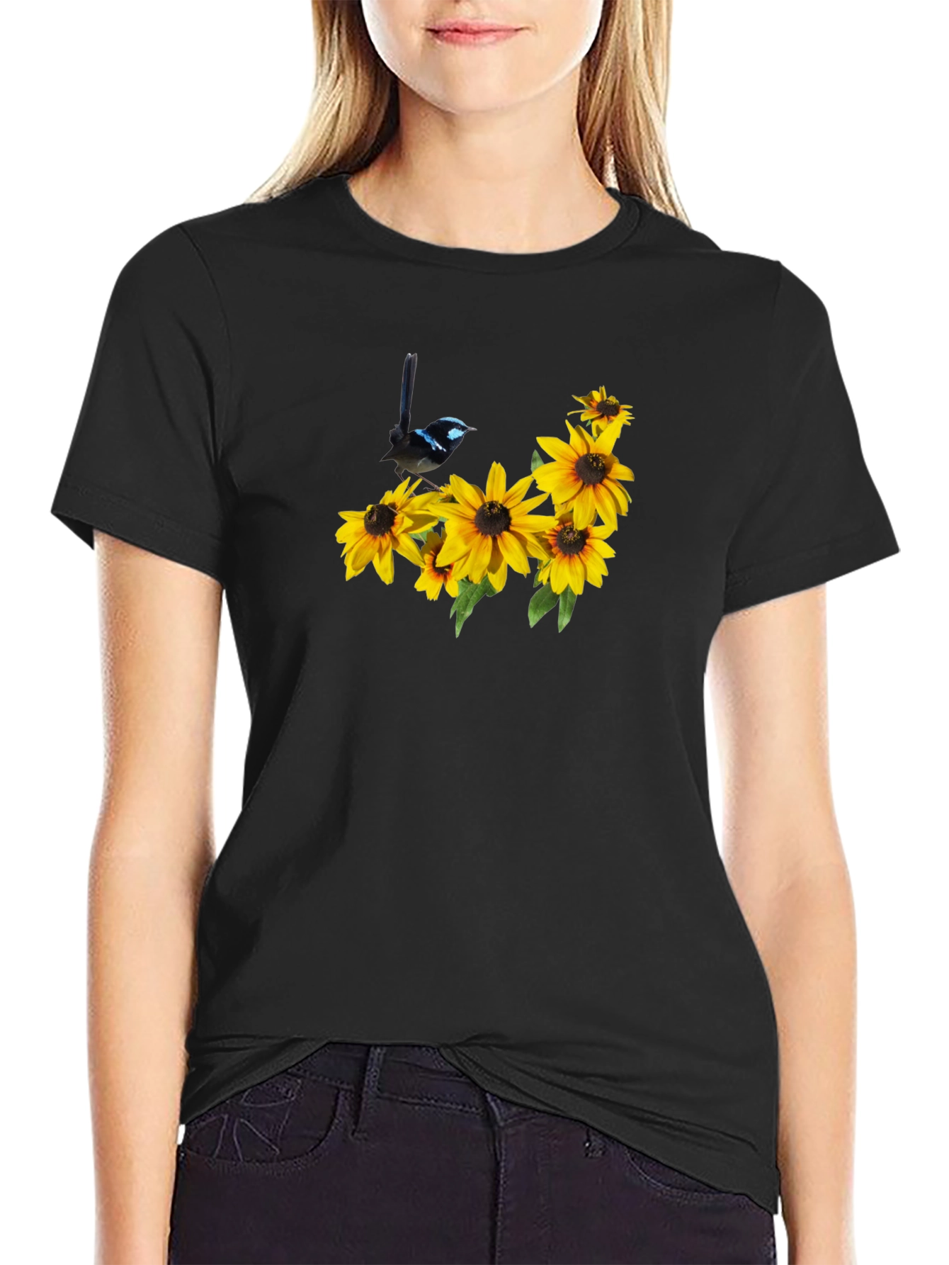 Black Tee with Bird and Sunflower Graphic