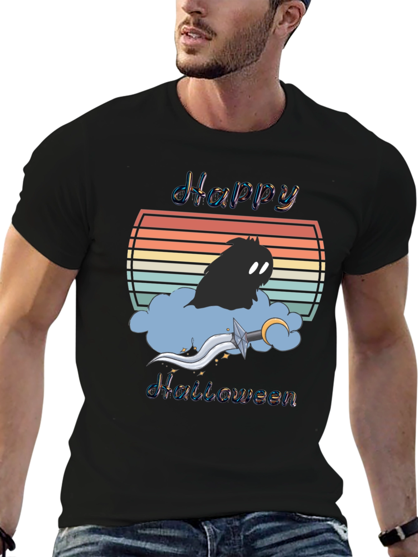 Happy Halloween T-Shirt - Retro Sunset Design