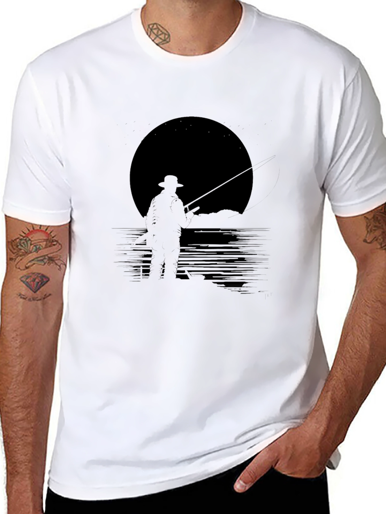 Mens Black Fishing Silhouette Graphic Tee
