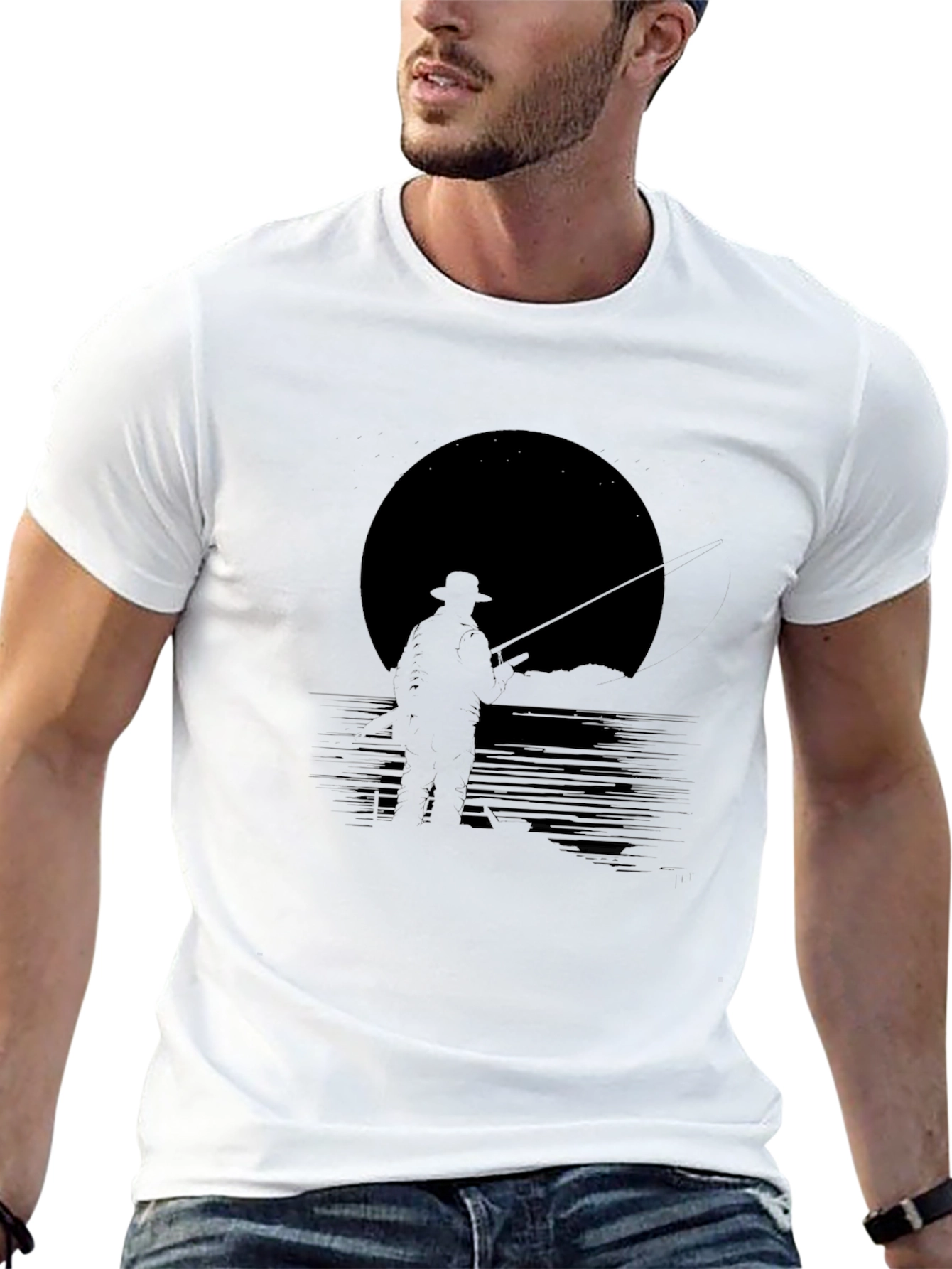Mens Black Fishing Silhouette Graphic Tee