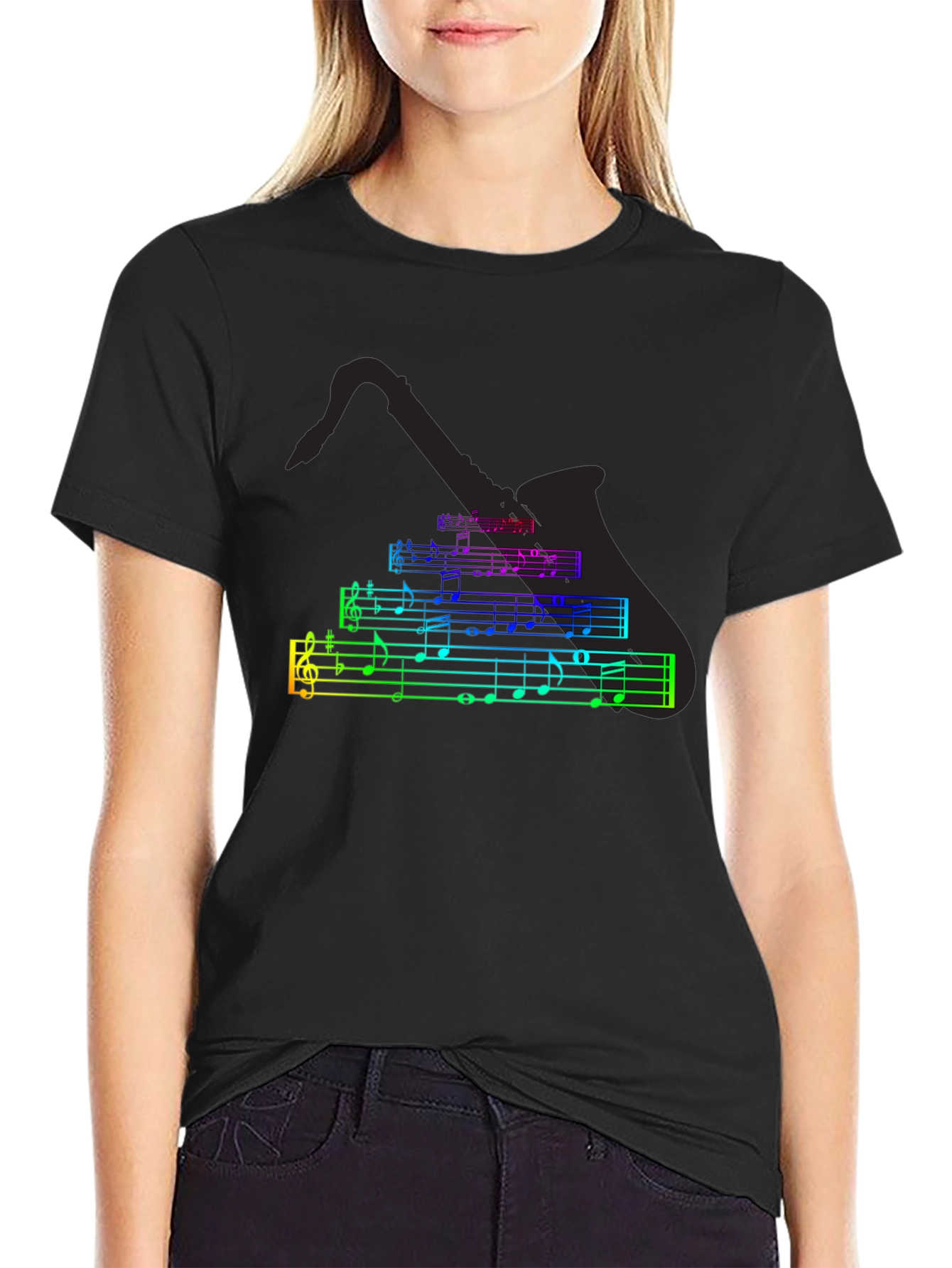 Music Notes Saxophone T-Shirt - Black Cotton Tee