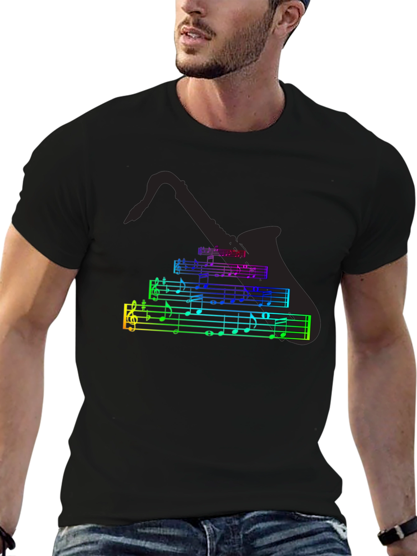 Music Notes Saxophone T-Shirt - Black Cotton Tee